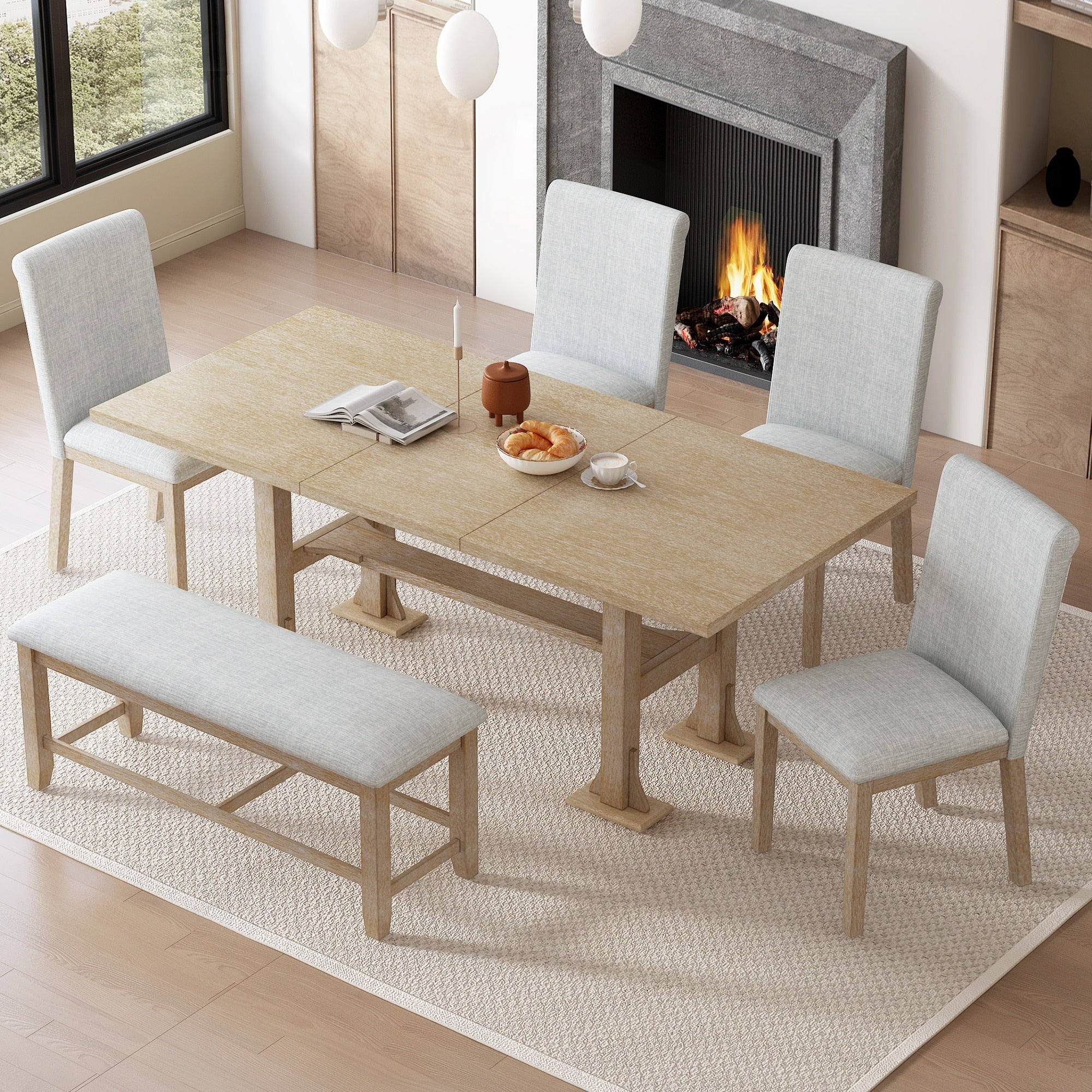 Farmhouse 76 Inch Extendable Dining Table Set With Removable Leaf And Upholstered Chairs For Versatile Entertaining
