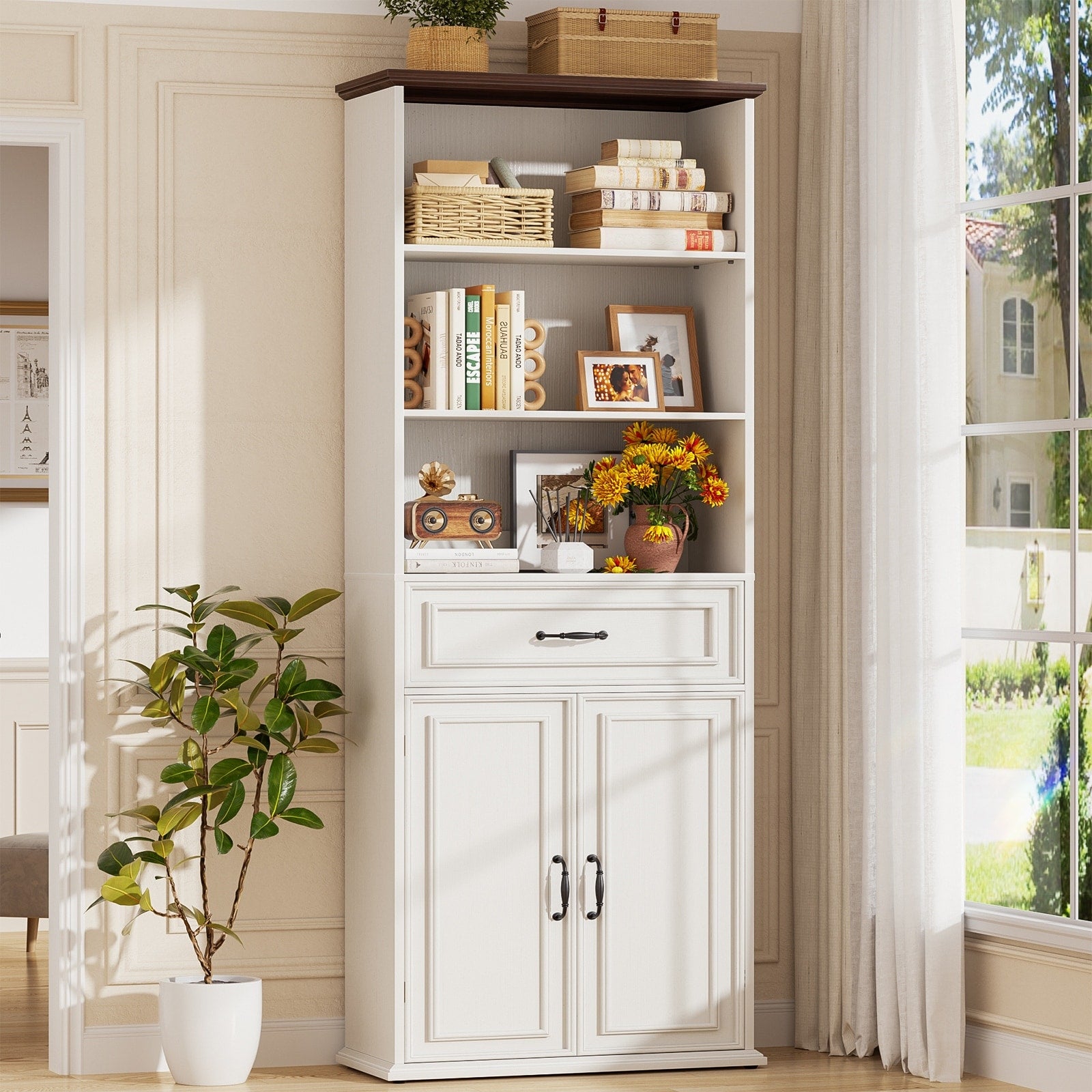 Farmhouse 80 Tall Bookcase With Drawer And Doors Floor Standing 6 Shelf Bookshelves Display Storage Cabinet For Home Office