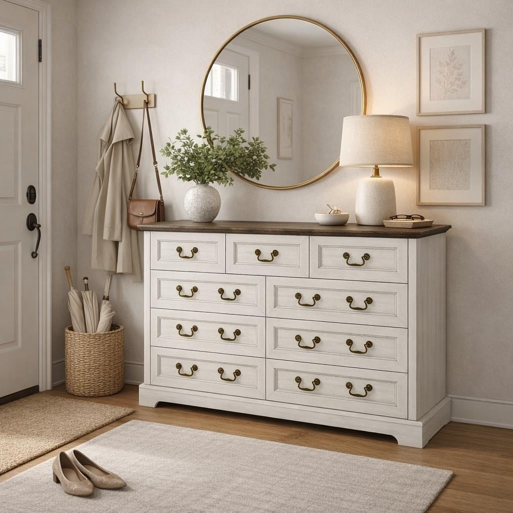 Farmhouse 9 Drawer Dresser Rustic Wooden Chest Of Drawers With Metal Handles Wide Storage Dresser Tv Stand