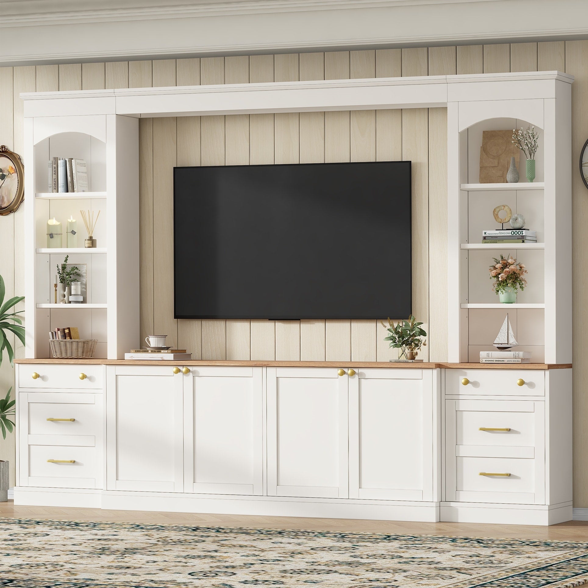 Farmhouse Arched Entertainment Center With Bookshelf For Tvs Up To 70