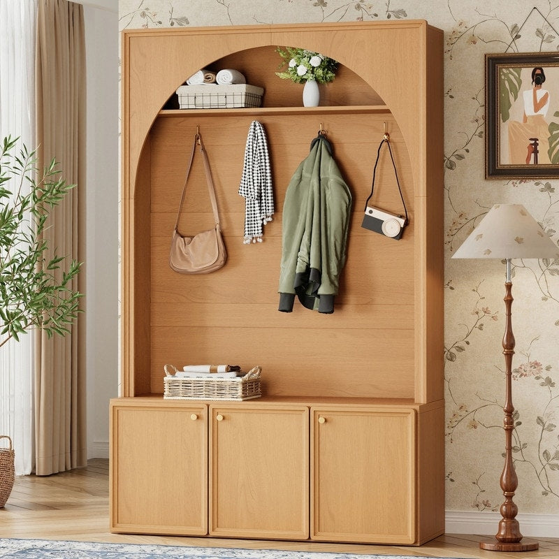 Farmhouse Arched Hall Tree Bench 3 Cabinets 4 Hooks For Mudroom