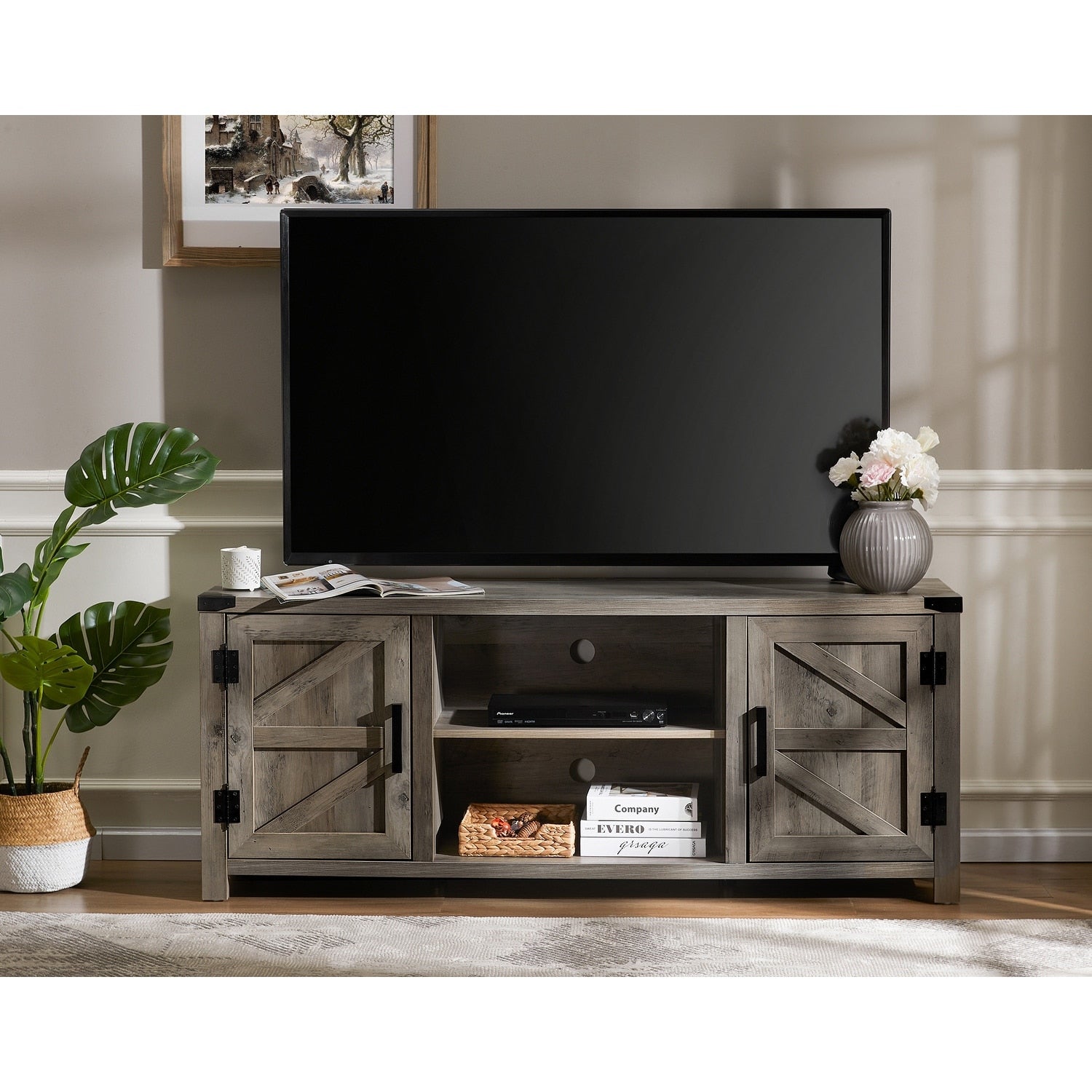 Wampat Farmhouse Barn Door Storage Tv Stand Entertainment Center 59