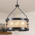 Farmhouse Black 6 Light Rustic Drum Pendant Lighting Fixture With Hemp Rope Fabric Shade