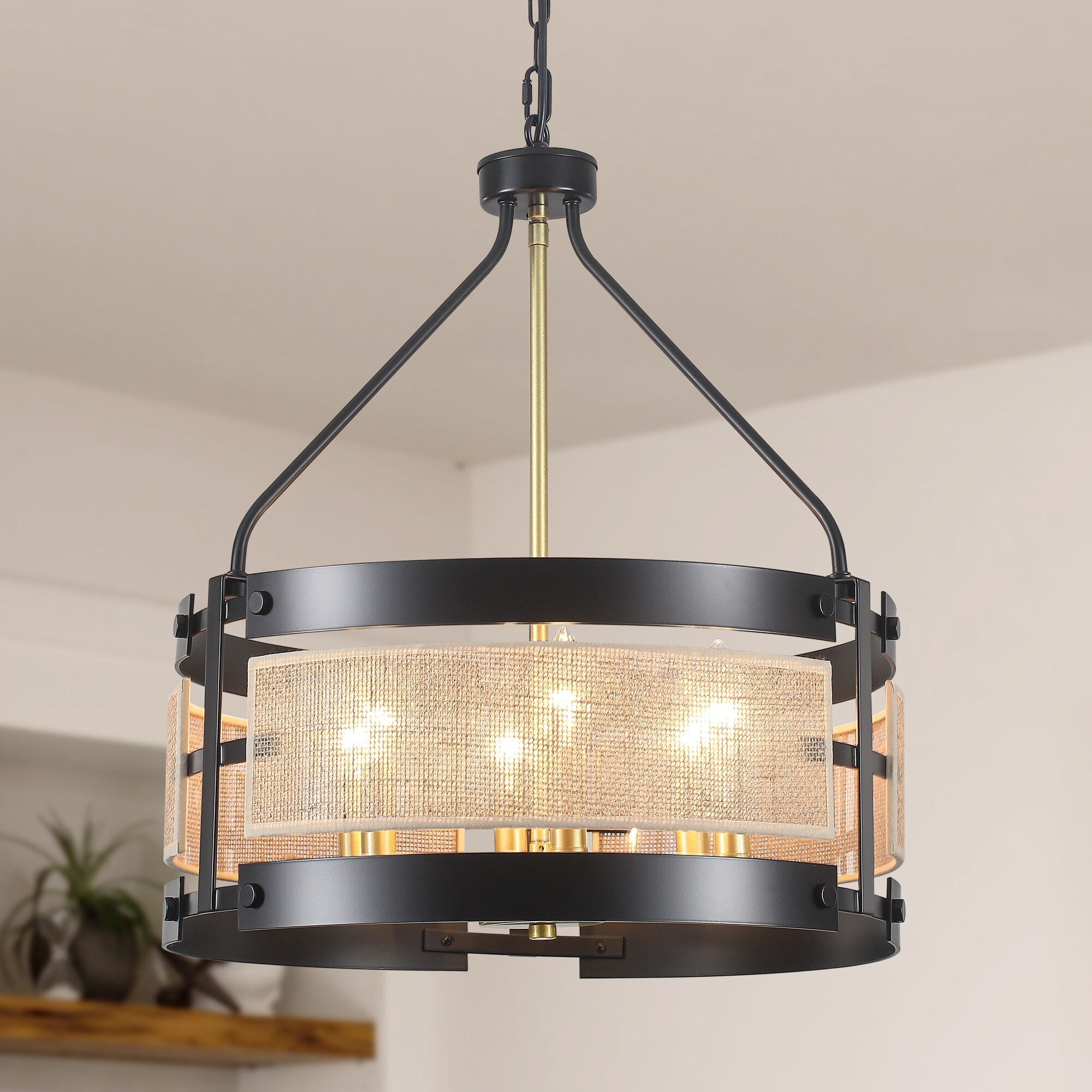 Farmhouse Black 6 Light Rustic Drum Pendant Lighting Fixture With Hemp Rope Fabric Shade