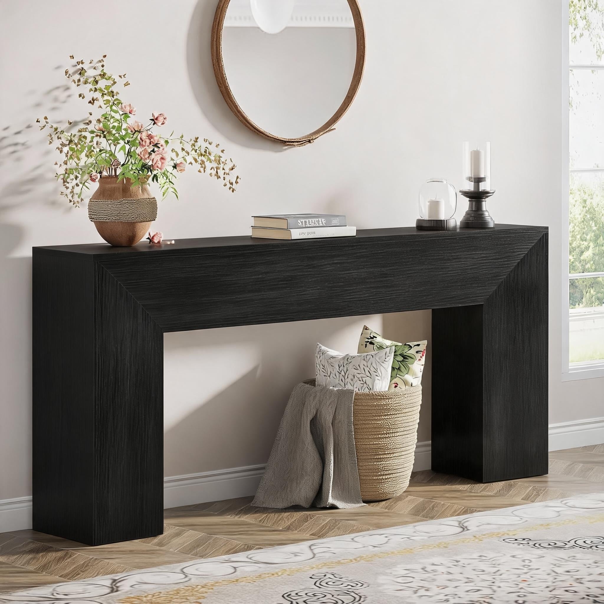 Farmhouse Black Console Table Wood Sofa Table Behind Couch