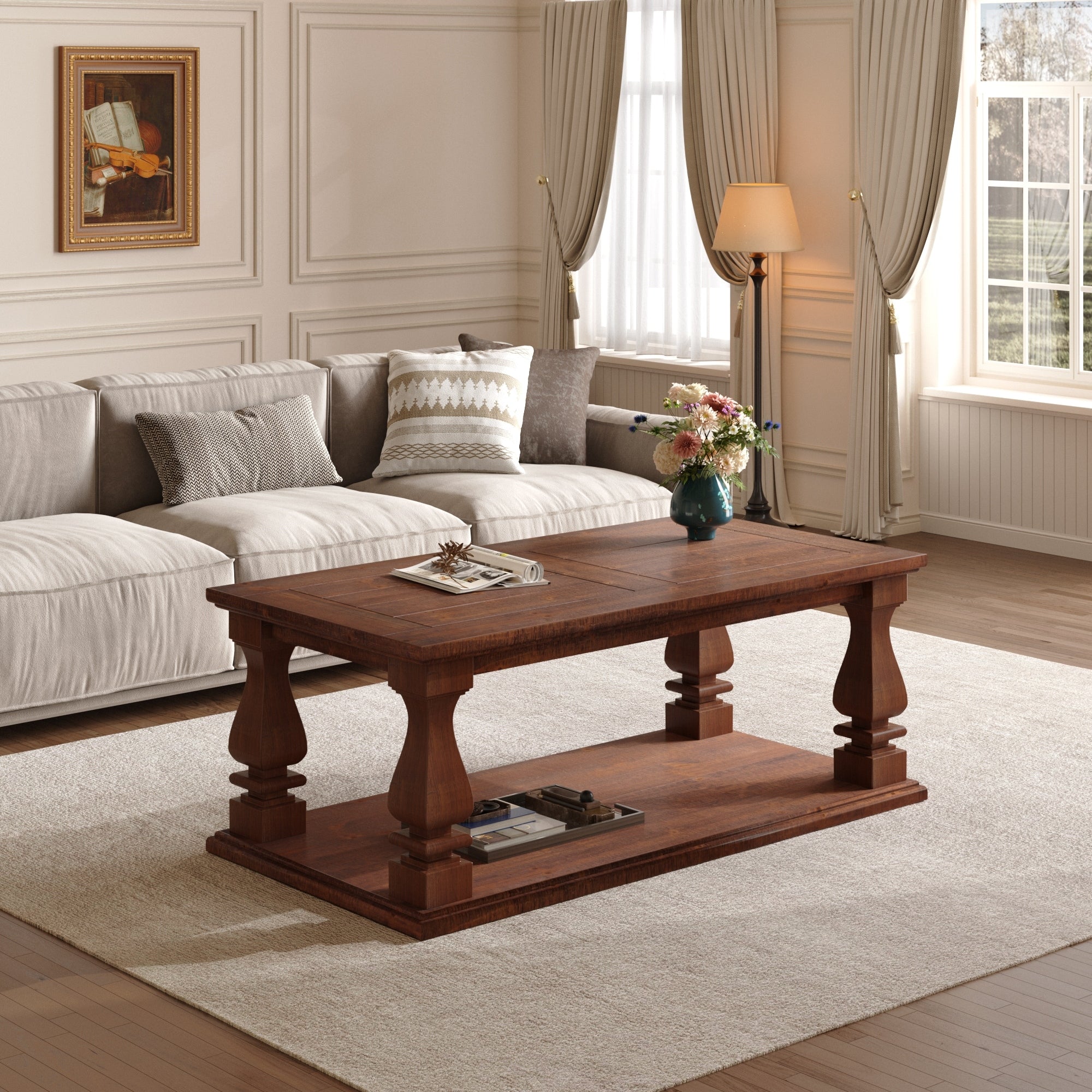 Farmhouse Coffee Table Crafted With Heavy Planked Top Square Baluster Legs 47.24 Long Rustic Table With Storage Shelf