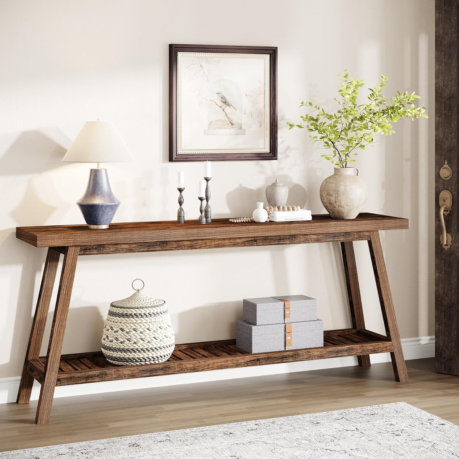 Farmhouse Console Entryway Table 70.9 Inches Extra Long Console Table For Entryway 2 Tier Narrow Wood Foyer Sofa Couch Table