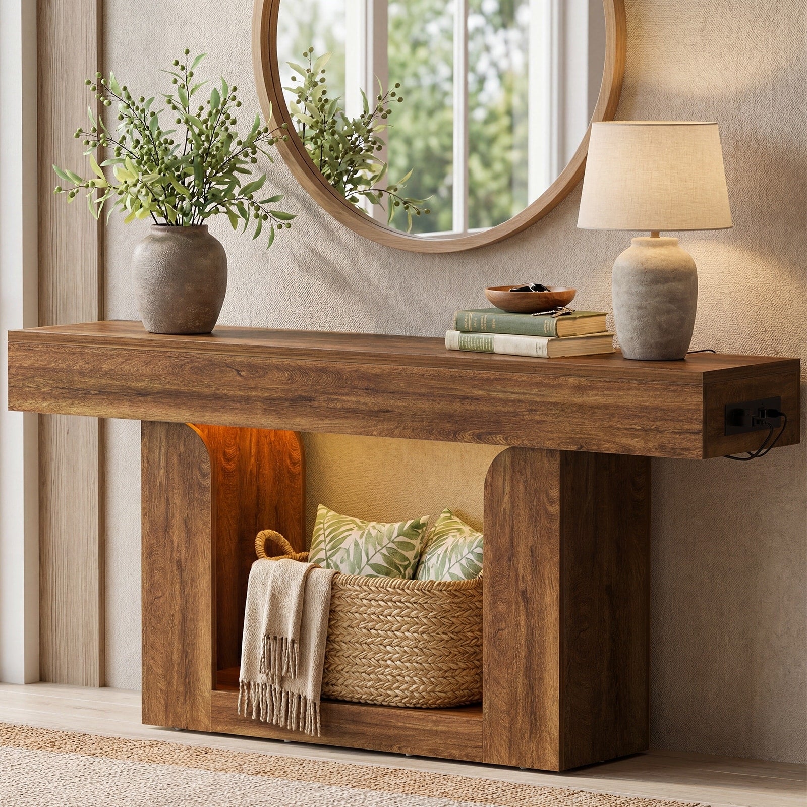 Farmhouse Console Table With Chaging Station Thick Sofa Entryway Table With Storage Shlef
