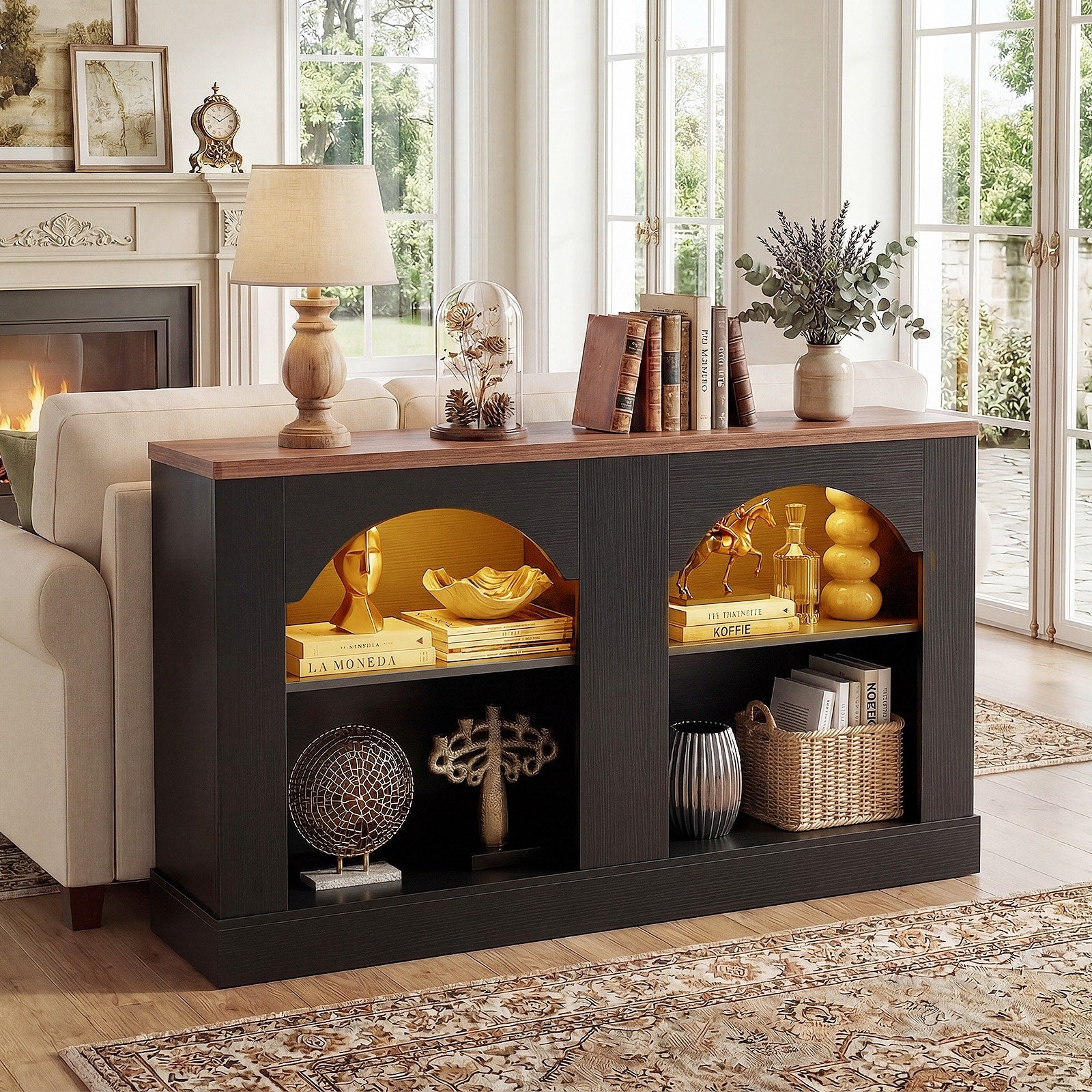 Farmhouse Console Table With Led Light Storage Sofa Entryway Table With Adjustable Shelves