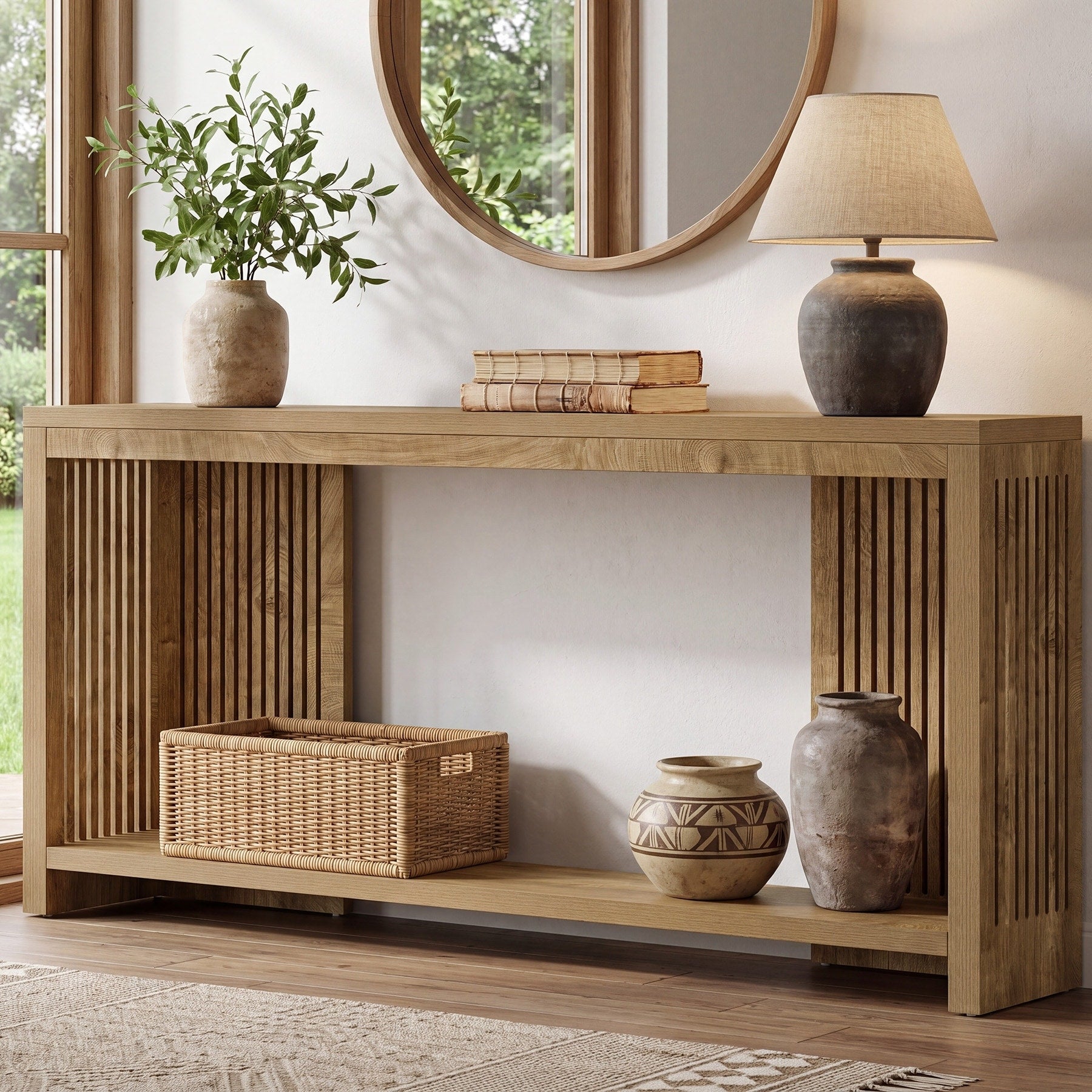 Farmhouse Console Table 70.9 Wooden Entry Table With 2 Tier Storage 70.86 D X 11.61 W X 33.26 H