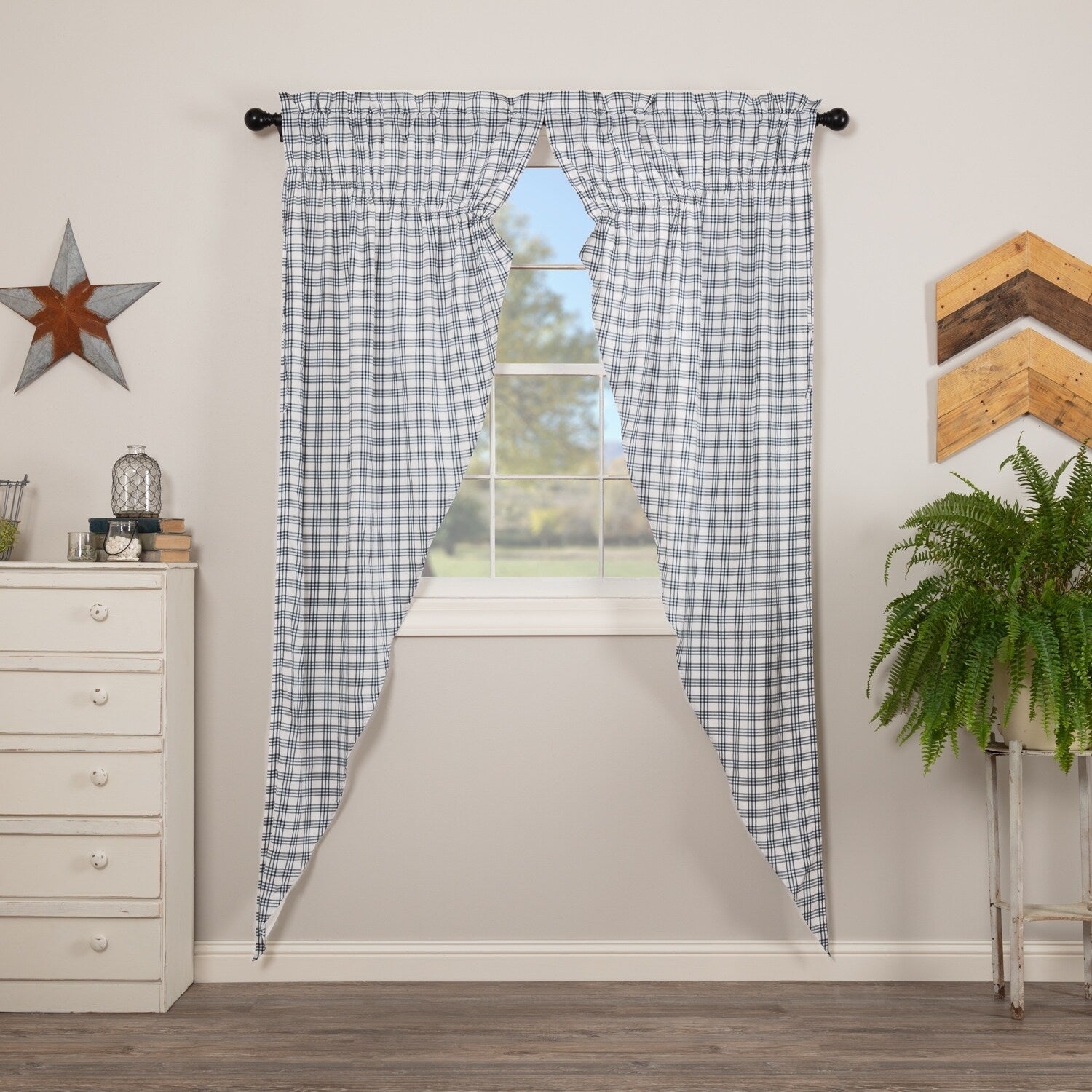 Vhc Brands Blue And White Cotton Plaid Farmhouse Curtains