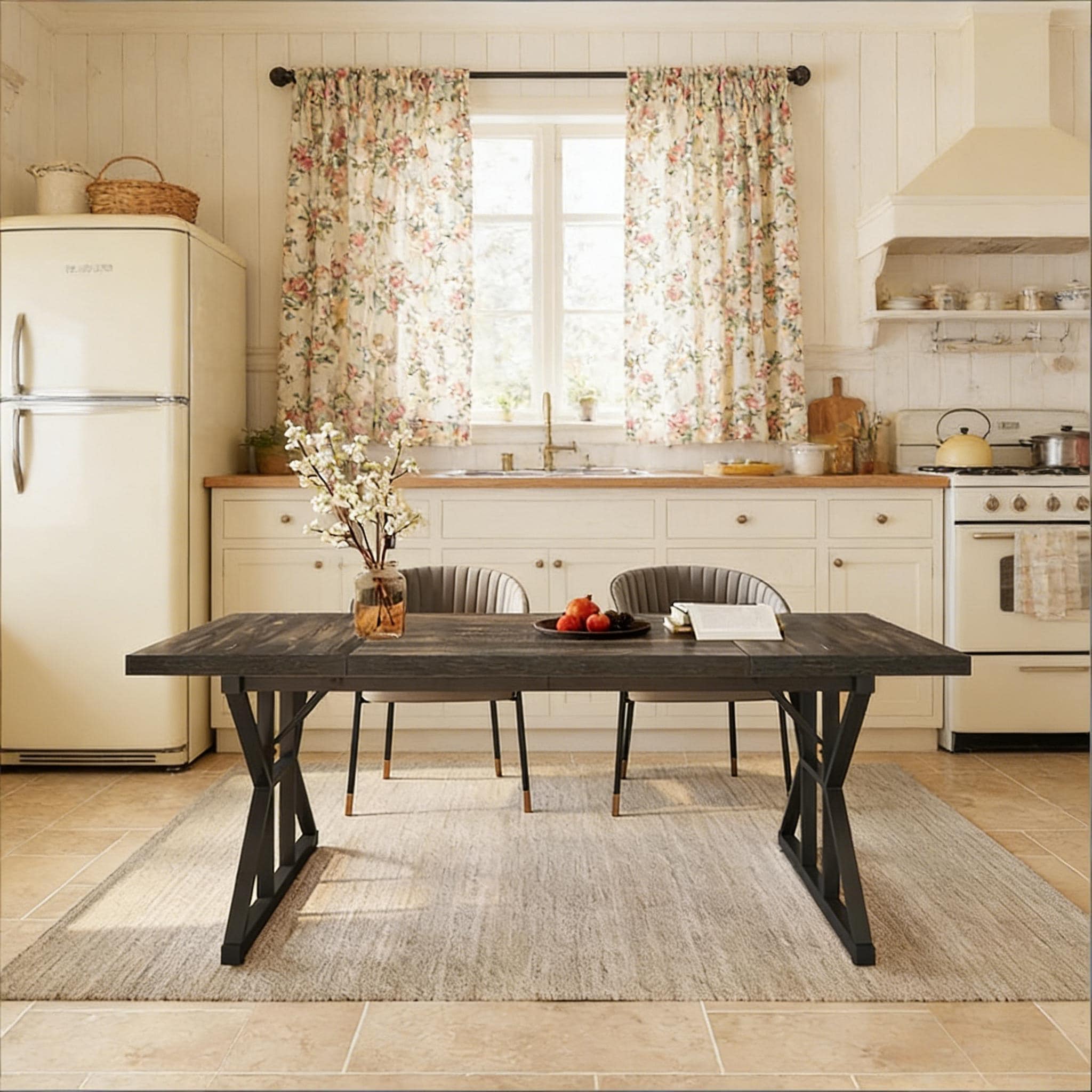 Farmhouse Dining Table Trestle Base Metal Accents Seats 6 Versatile Use