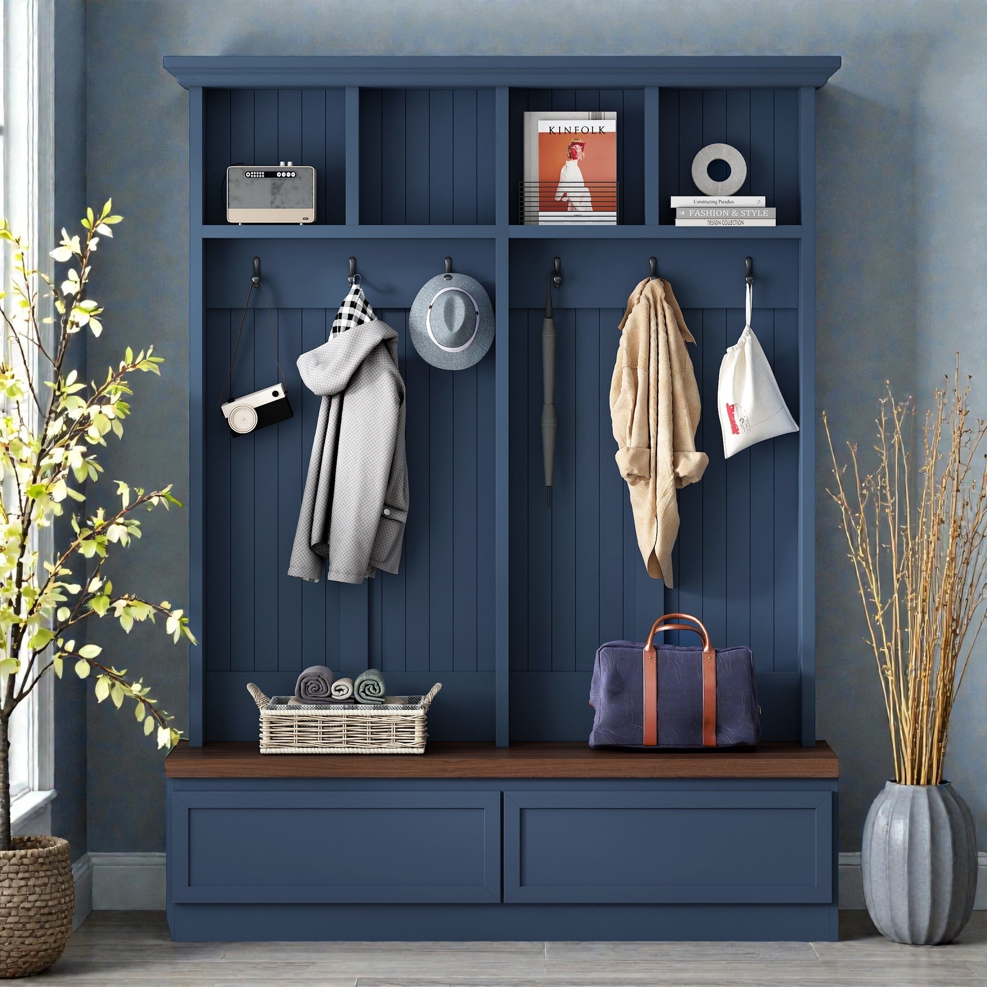 Farmhouse Entryway Hall Tree With Wood Bench 2 Drawers 6 Hooks And Open Shelves Mudroom Organizer