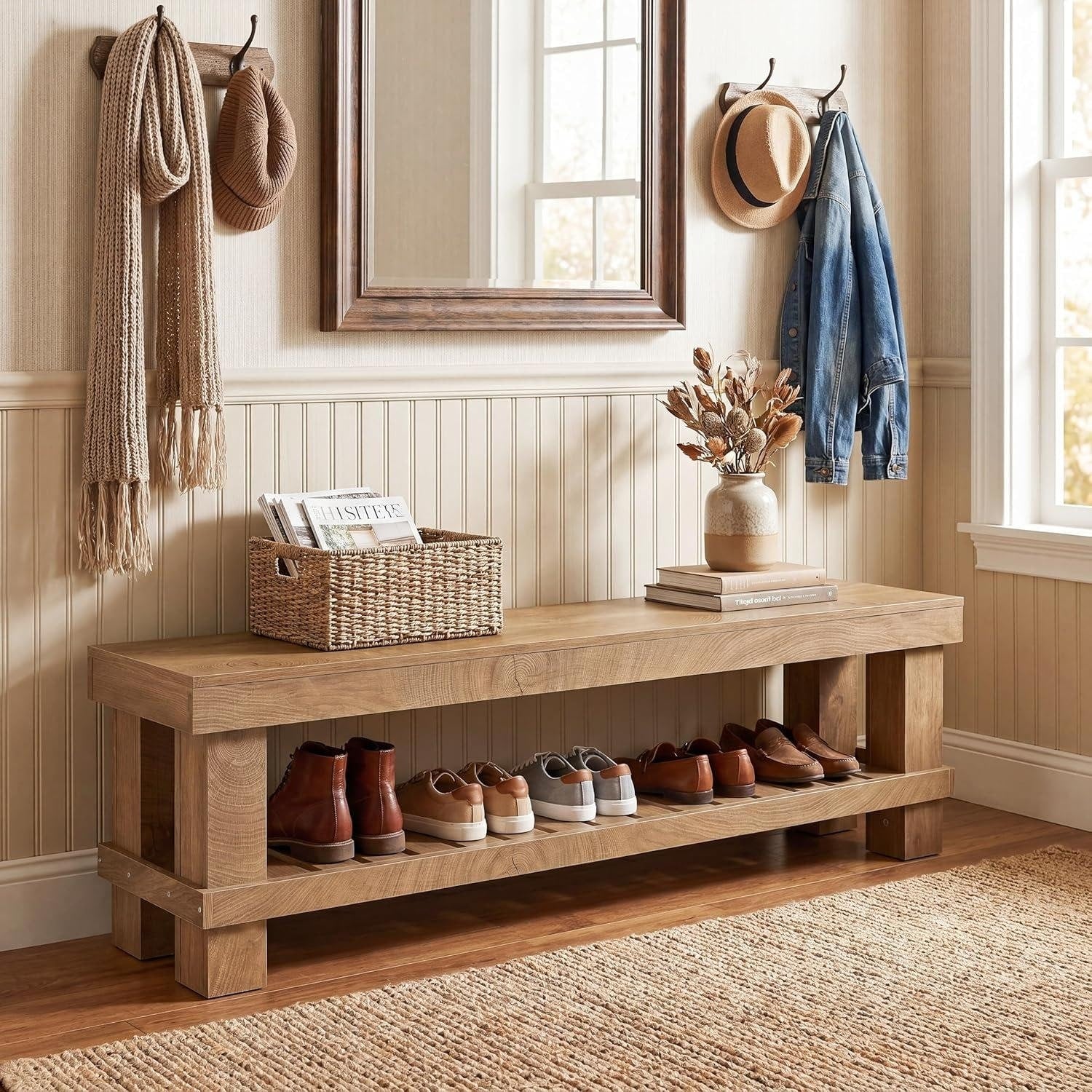 Farmhouse Entryway Shoe Bench 63 Inch Wooden Long Dining Bench Seat