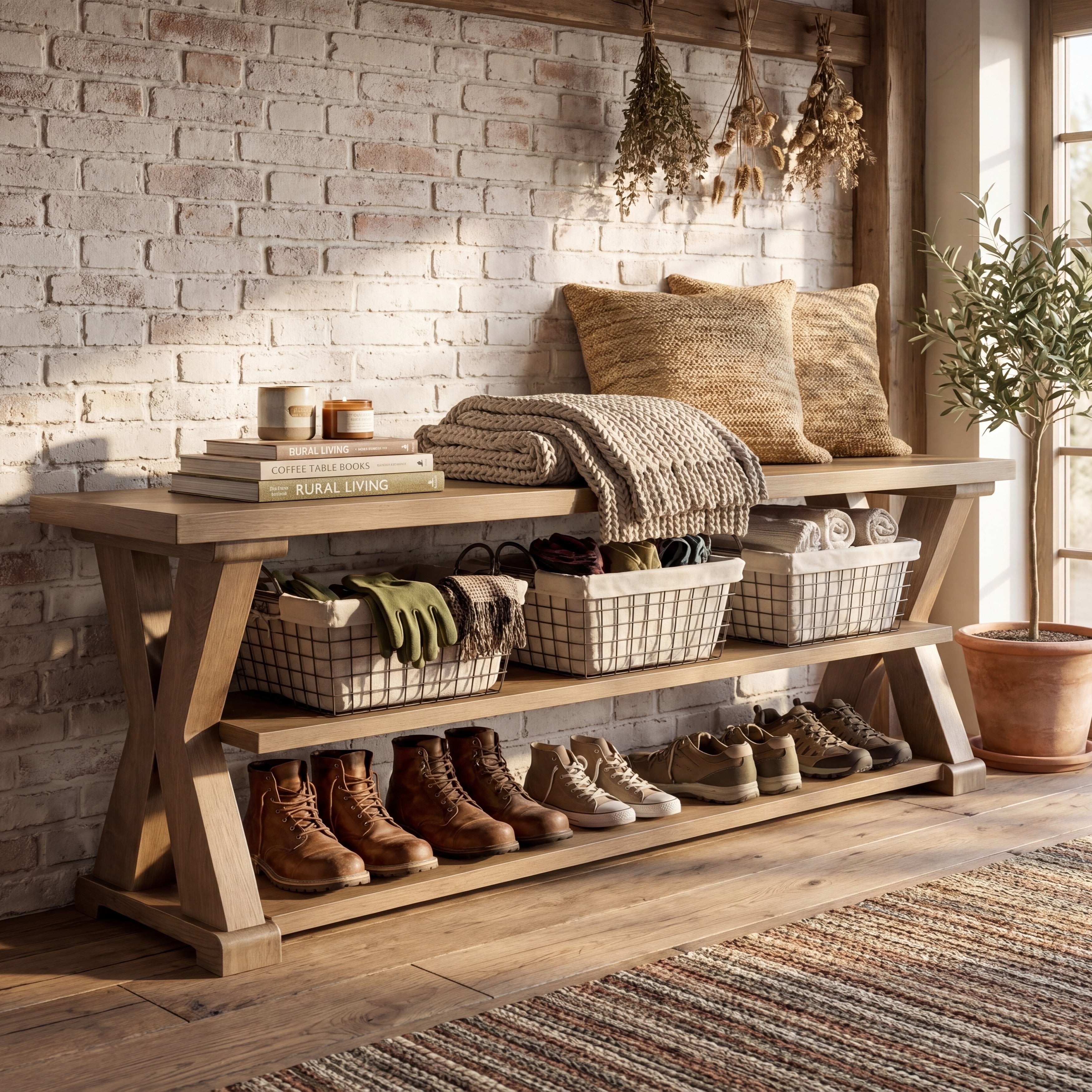 Farmhouse Entryway Storage Bench 63 Inch Wooden Shoe Bench Seat