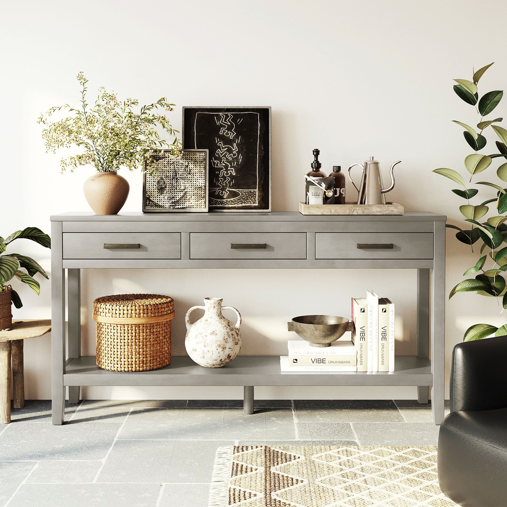 Farmhouse Entryway Table Console Table With 3 Drawers Sofa Table Gray Hallway Table With Bottom Shelf
