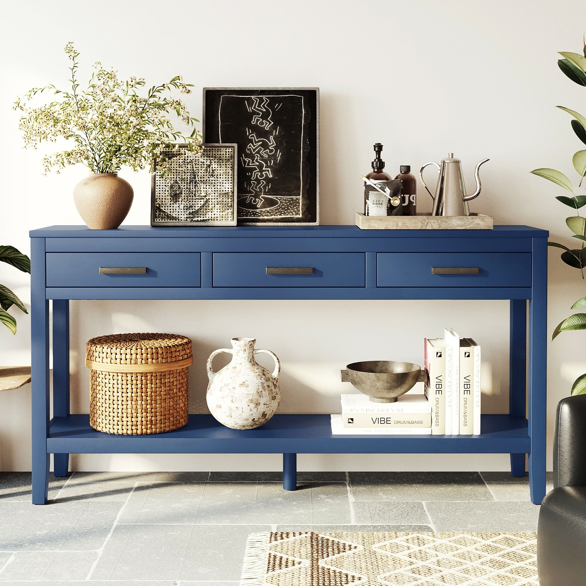 Farmhouse Entryway Table Navy Blue Console Table With 3 Drawers Sofa Table Hallway Table With Bottom Shelf