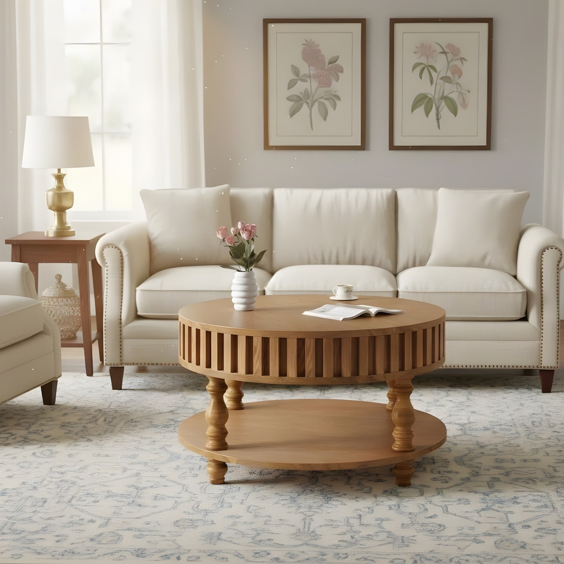 Farmhouse Fluted Coffee Table With Storage And Flip Top Lids