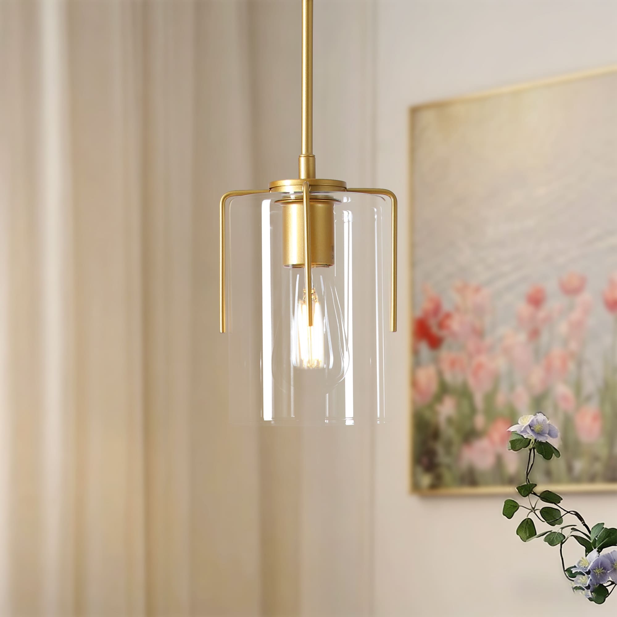 Farmhouse Gold Pendant Light 1 Light Clear Glass Kitchen Island Light Adjustable Modern Hanging Ceiling Fixture