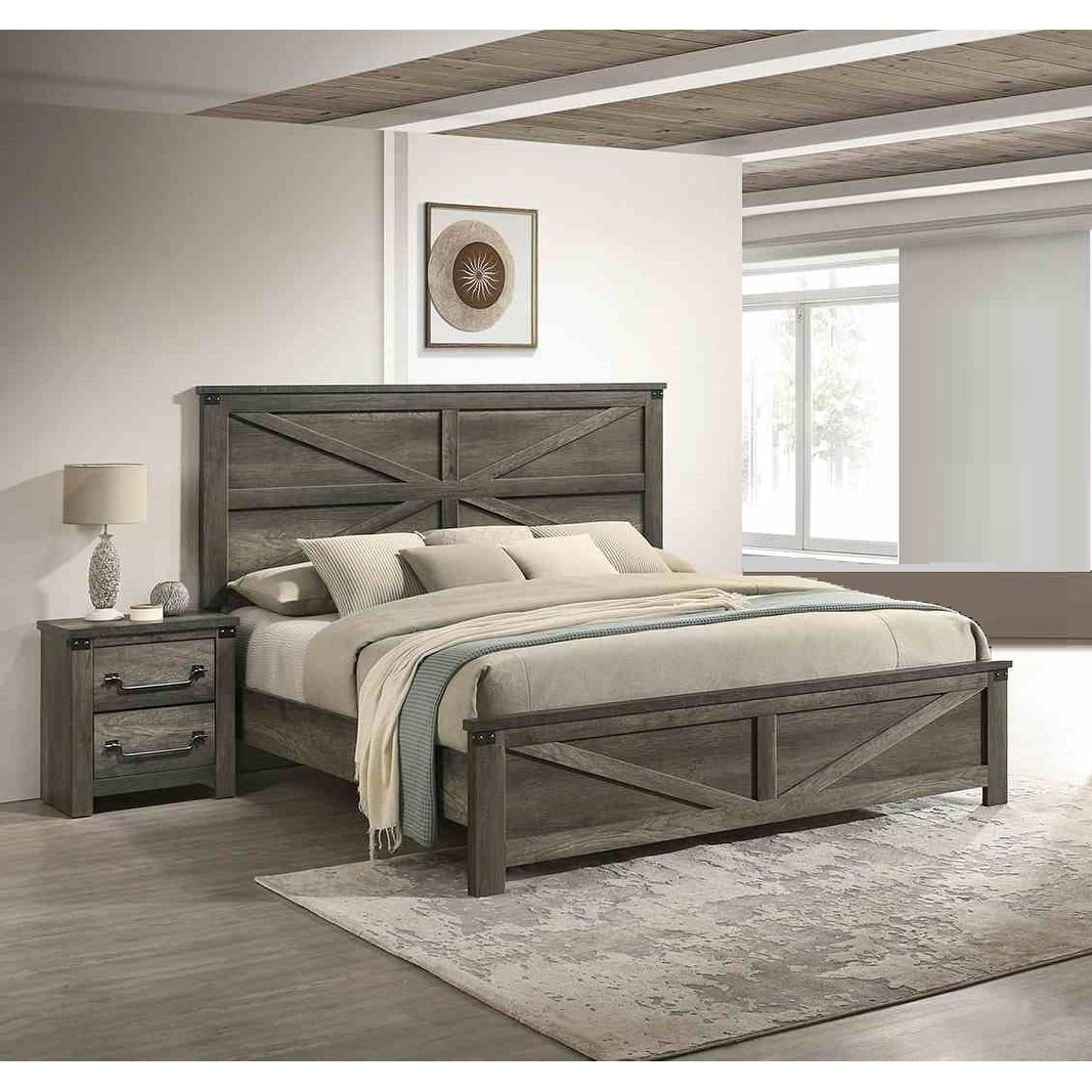 Farmhouse Gray Finsih Bed 2X Nightstands Bedroom Set 3Pc