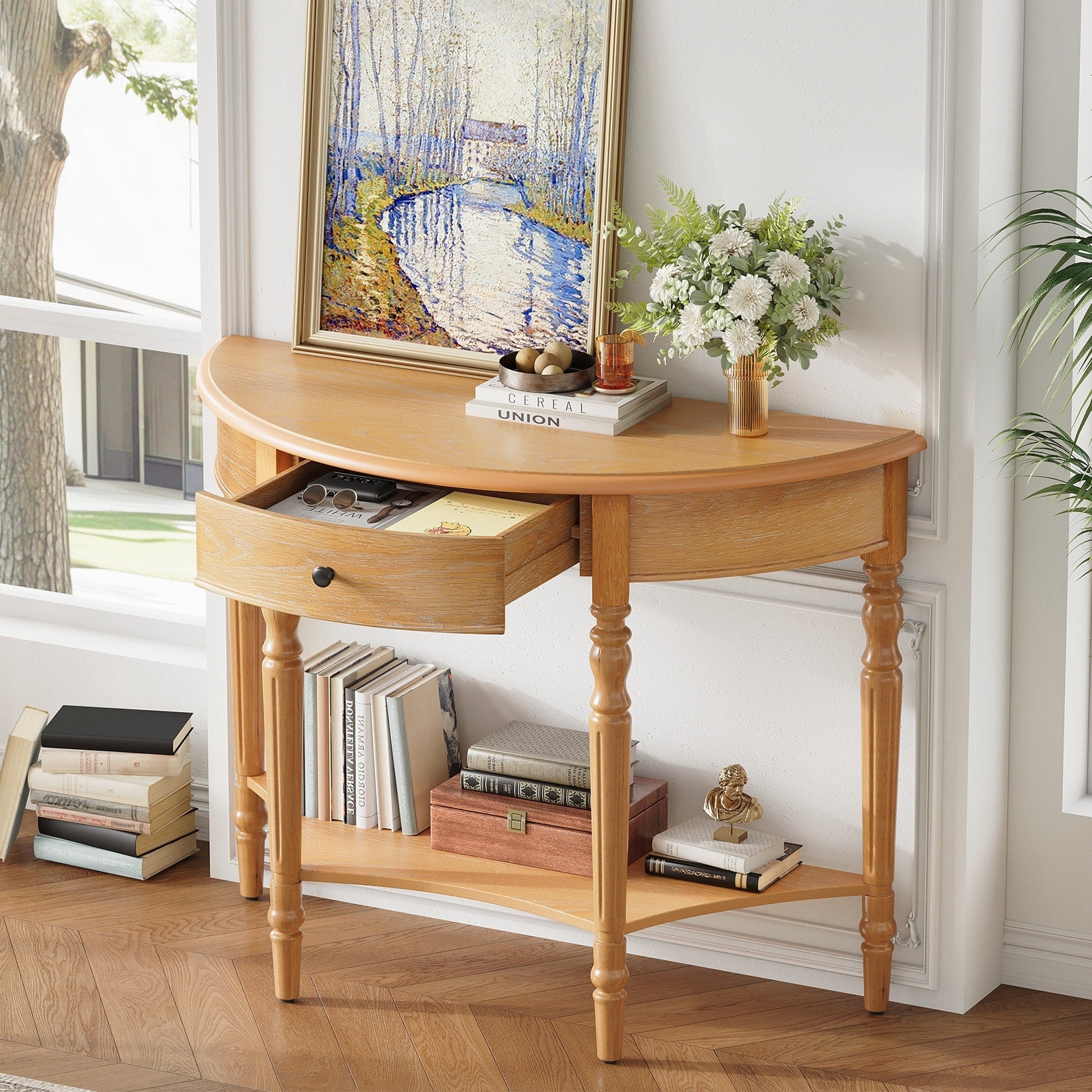 Farmhouse Half Moon Console Table With Drawer Shelf Rustic Accent Table