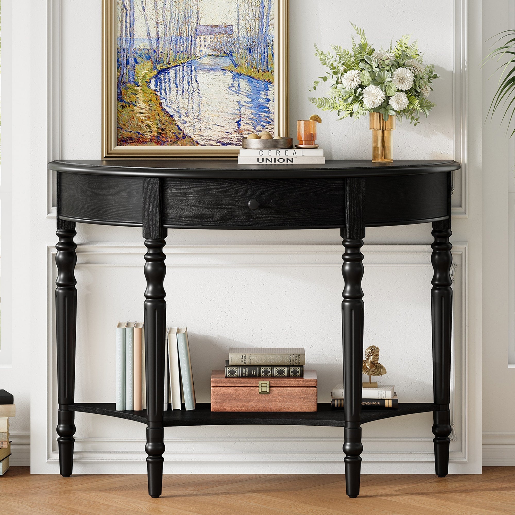 Farmhouse Half Moon Console Table With Drawer Shelf Sofa Table For Entryway Living Room Hallway And Foyer