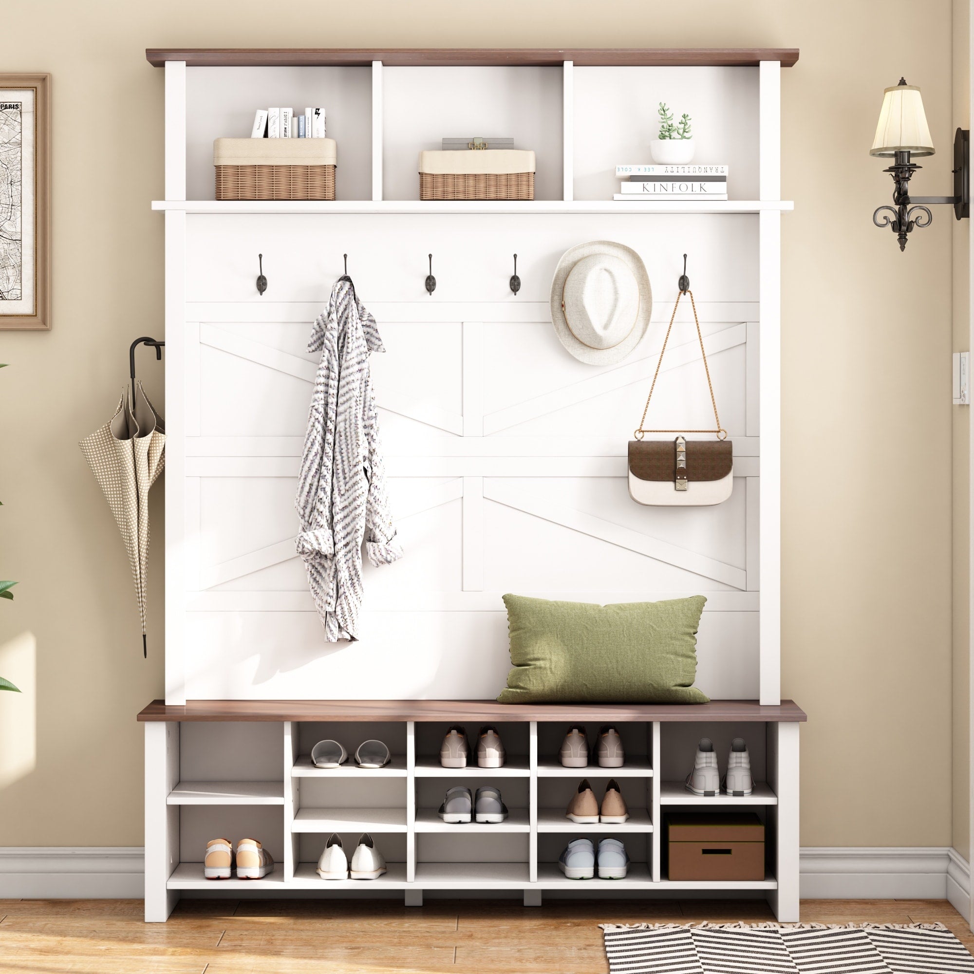 Farmhouse Hall Tree With 6 Hooks And 16 Compartments For Entryway
