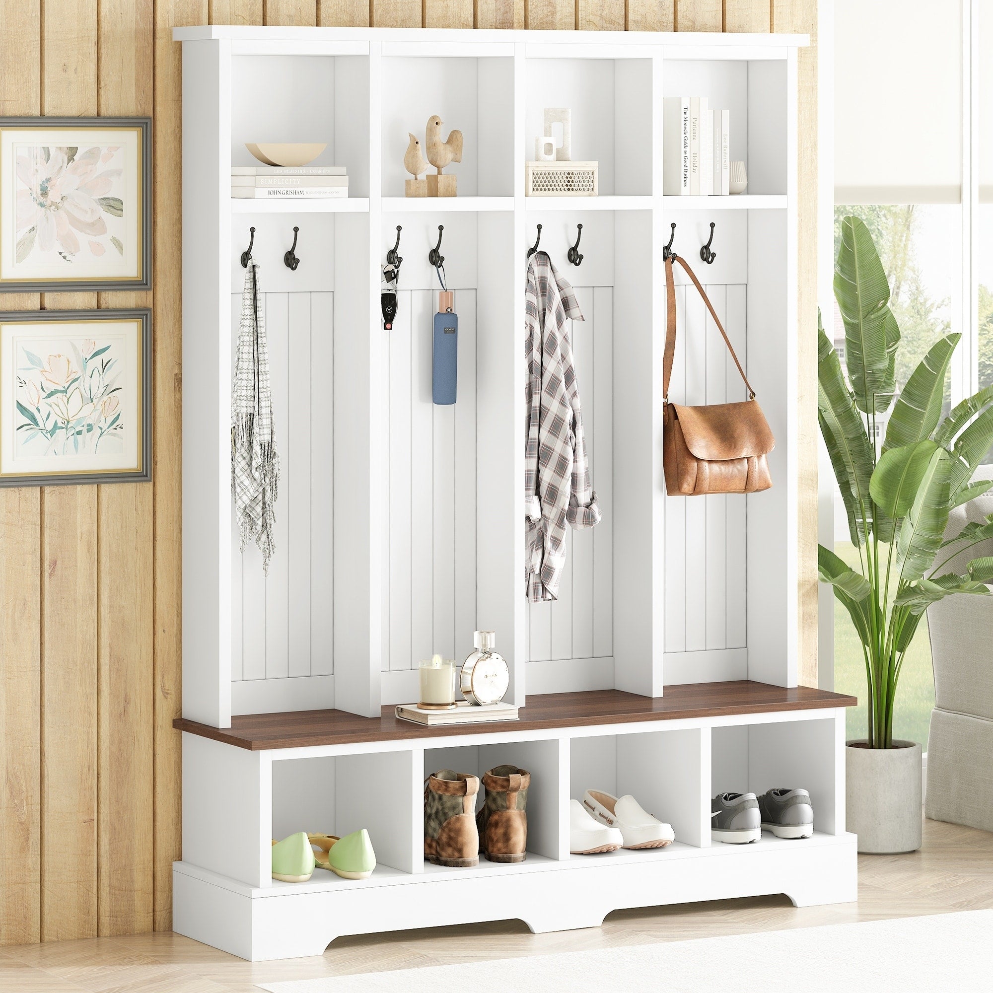 Farmhouse Hall Tree With 8 Hooks 8 Compartments Wooden Bench For Entryway