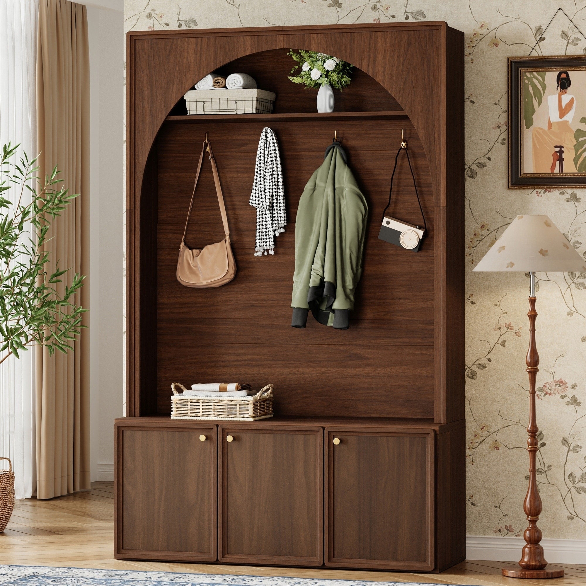 Farmhouse Hall Tree With Adjustable Shelves And 3 Cabinets For Entryway