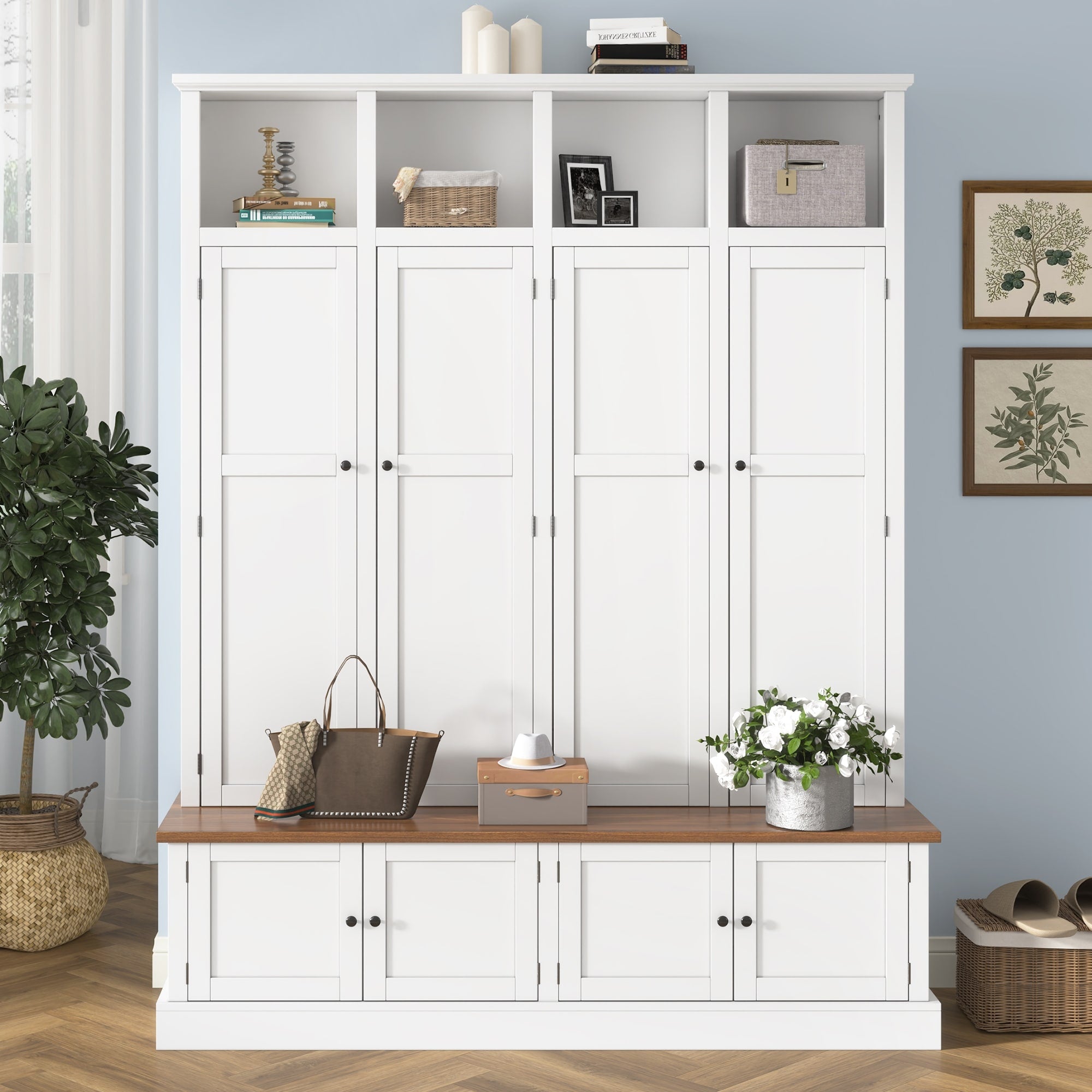 Farmhouse Hall Tree With Bench And Cabinet For Organized Storage