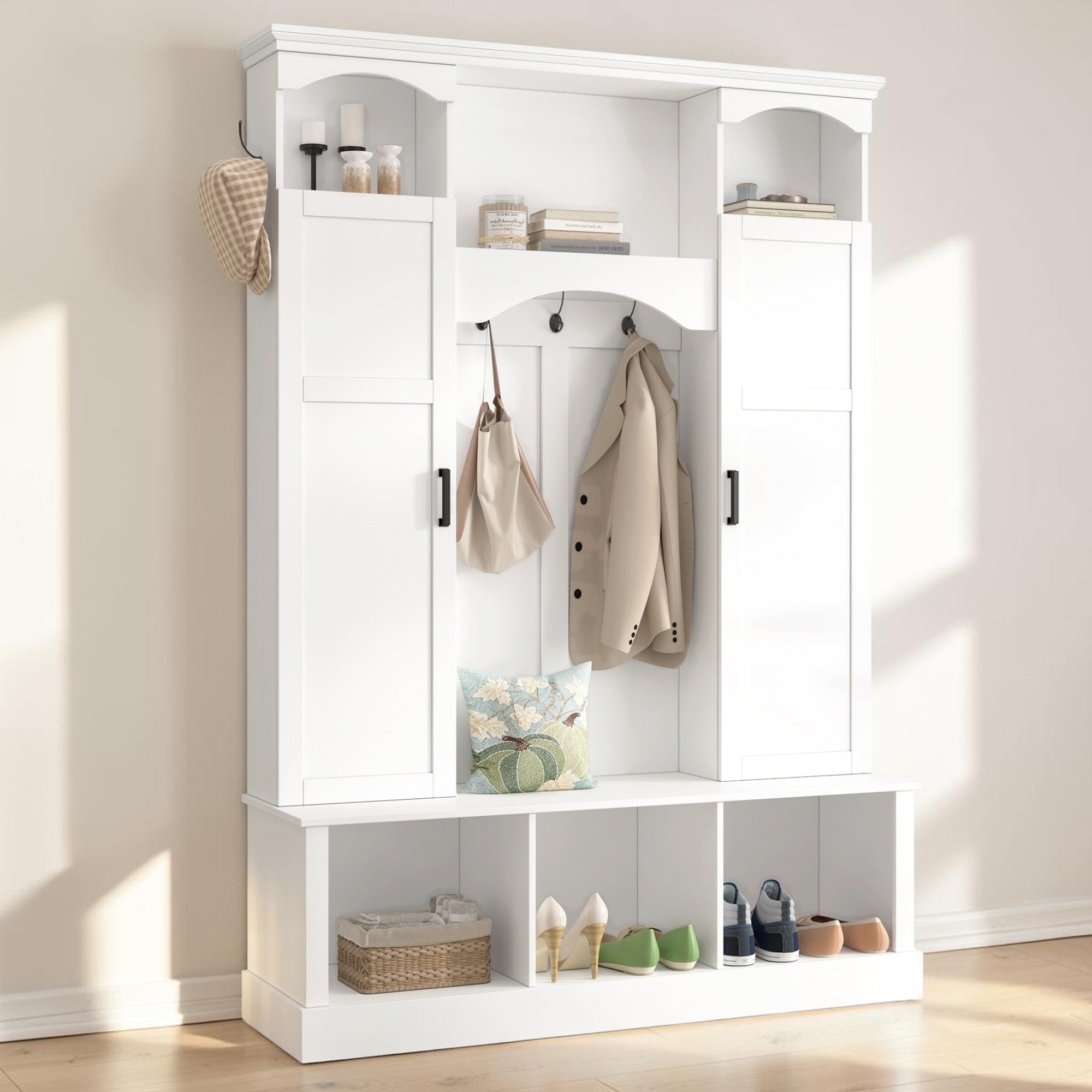 Farmhouse Hall Tree With Bench And Storage Cabinets Entryway Coat Rack With 7 Hooks And Shelves