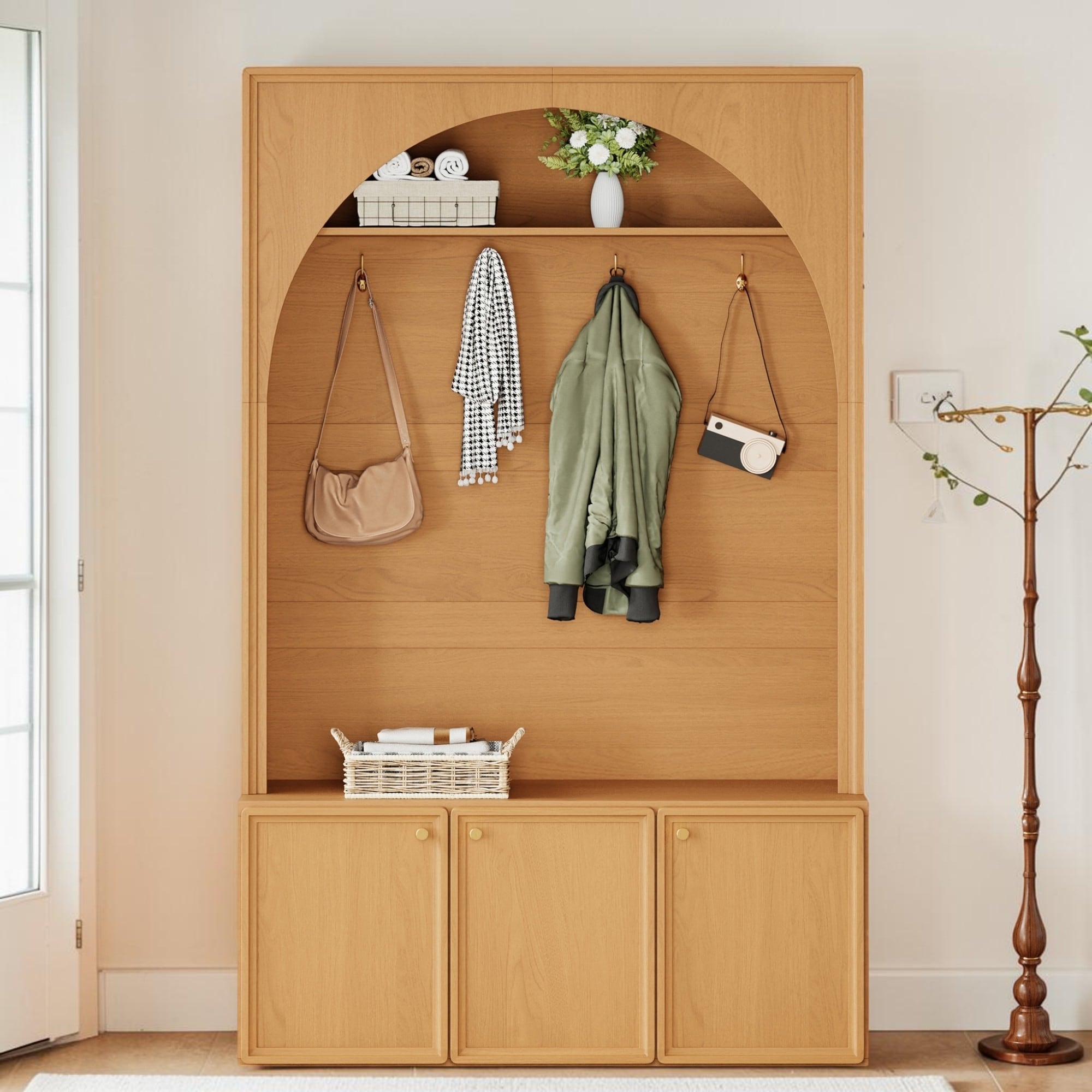 Farmhouse Hall Tree With Bench And Storage Cabinets Entryway Coat Rack With Hooks And Adjustable Shelves
