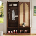 Farmhouse Hall Tree With Rattan Doors And 4 In 1 Seating Bench