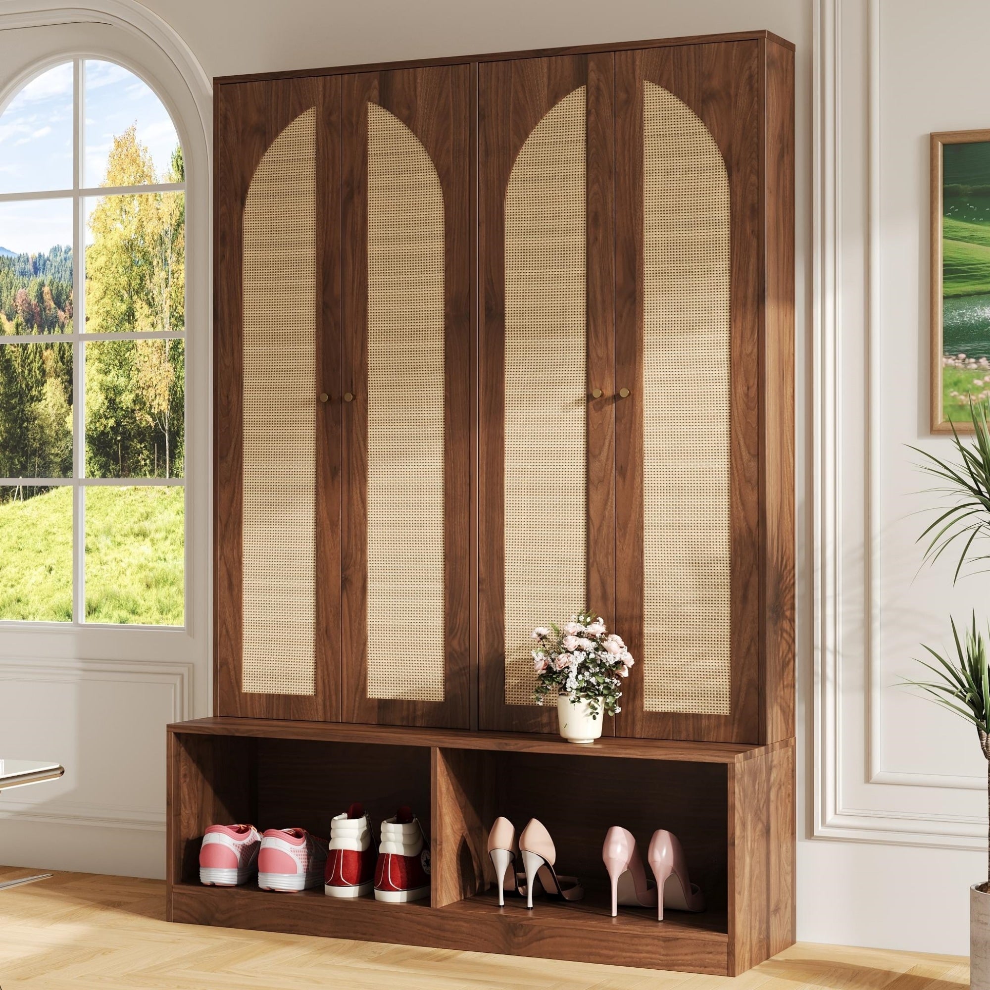 Farmhouse Hall Tree With Rattan Doors Versatile 4 In 1 Seating Bench With 6 Hooks Entryway Shoe Cabinet With Shelf