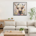 Farmhouse Highland Cow Wall Decor In Neutral Colour Rustic Cow And Chrysanthemum Picture Canvas Art Print