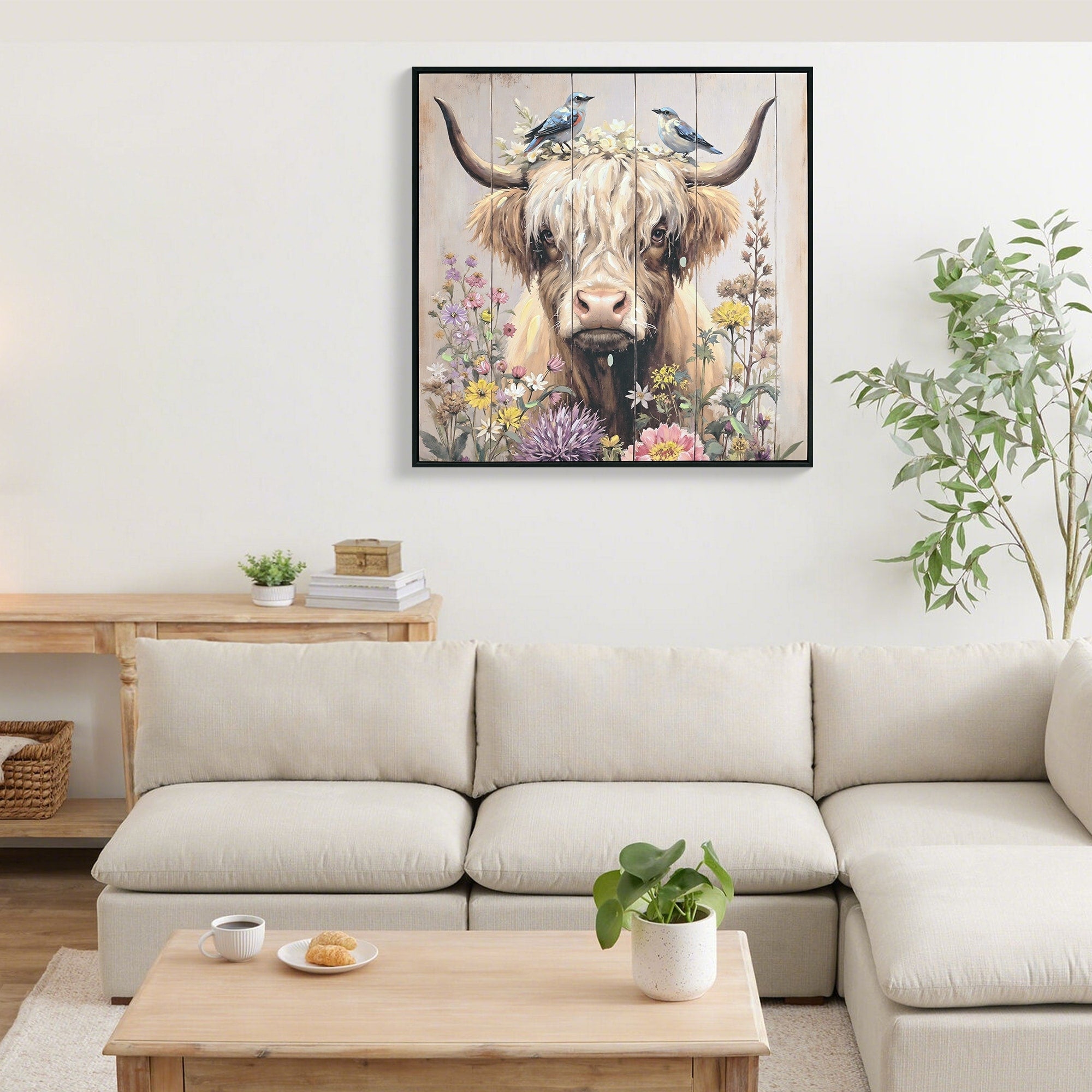 Farmhouse Highland Cow Wall Decor In Neutral Colour Rustic Cow And Chrysanthemum Picture Canvas Art Print