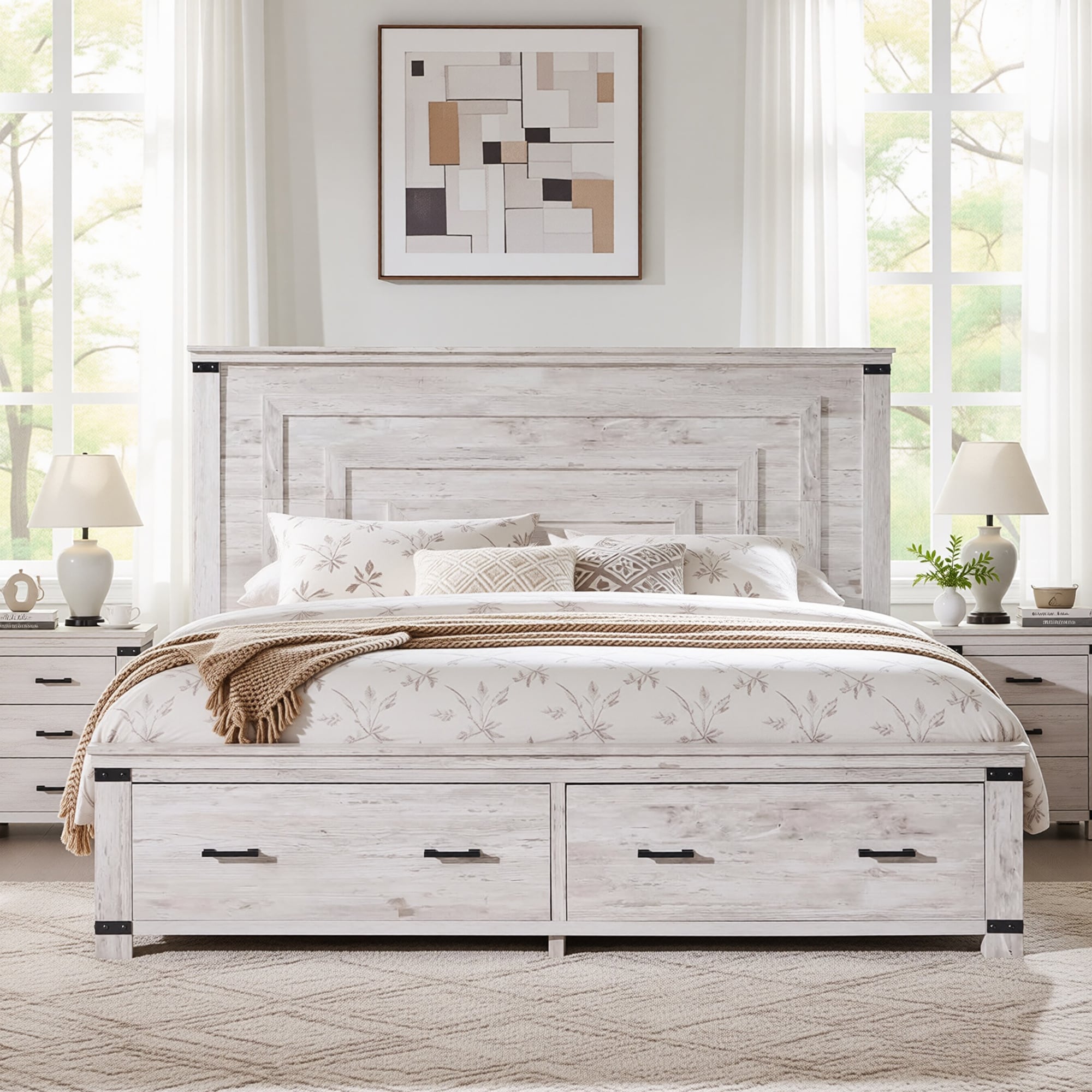 Farmhouse King Size Bed Frame With 54.3 Headboard 2 Large Drawers