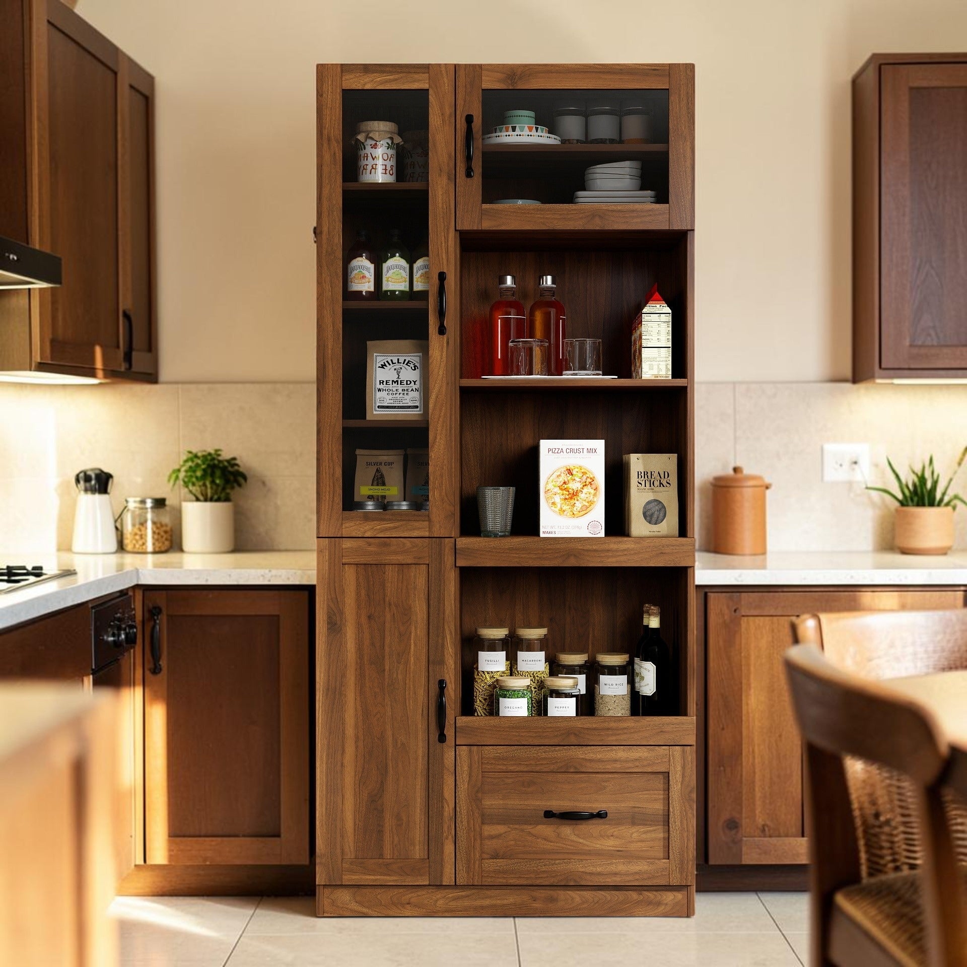 Farmhouse Kitchen Hutch Cabinet With Microwave Stand Buffet Sideboard Coffee Bar Storage Cabinet
