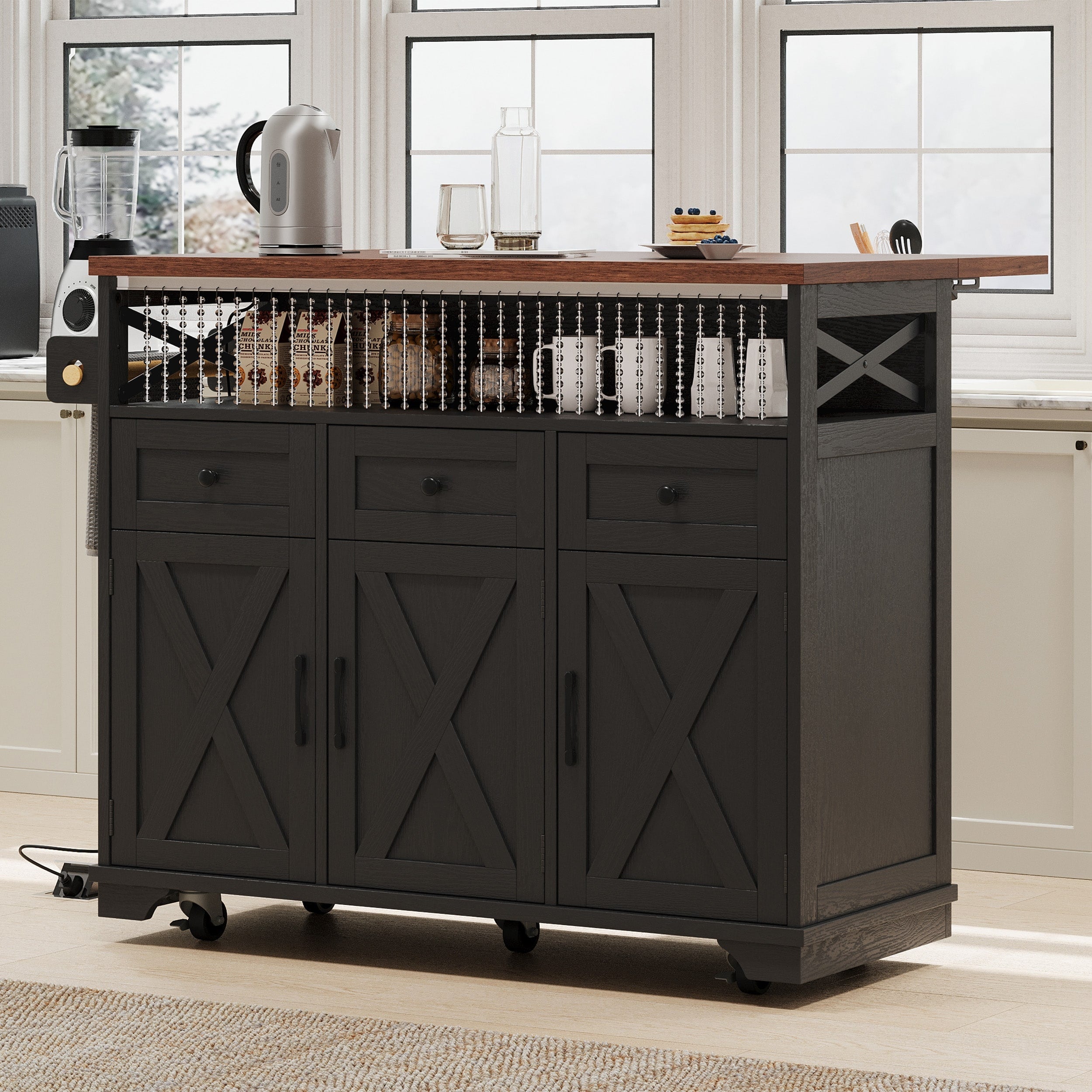 Farmhouse Kitchen Island Serving Cart With Drop Leaf Rolling Kitchen Cart With 3 Drawers 3 Cabinets