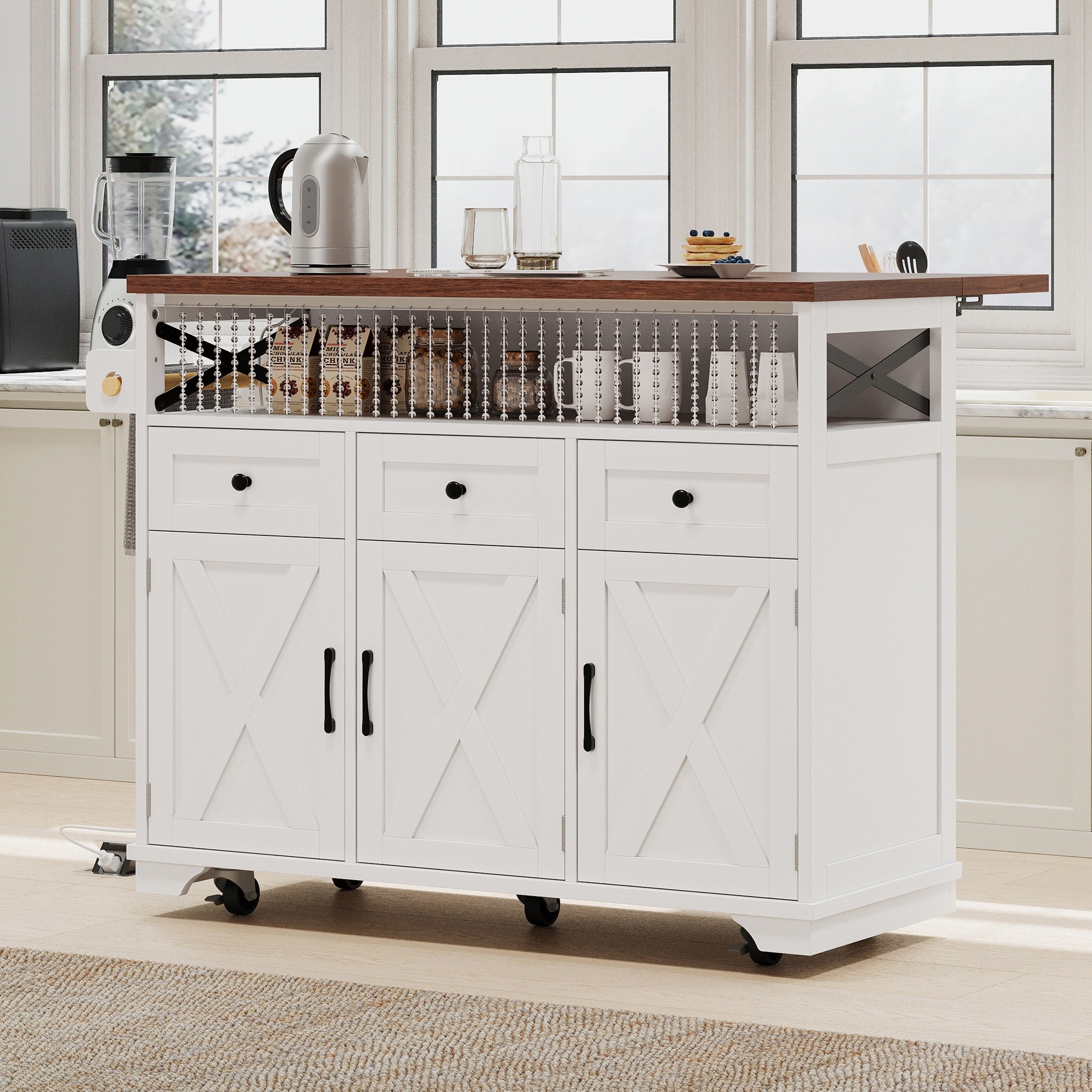 Farmhouse Kitchen Island Serving Cart With Drop Leaf White Rolling Kitchen Cart With 3 Drawers 3 Cabinets