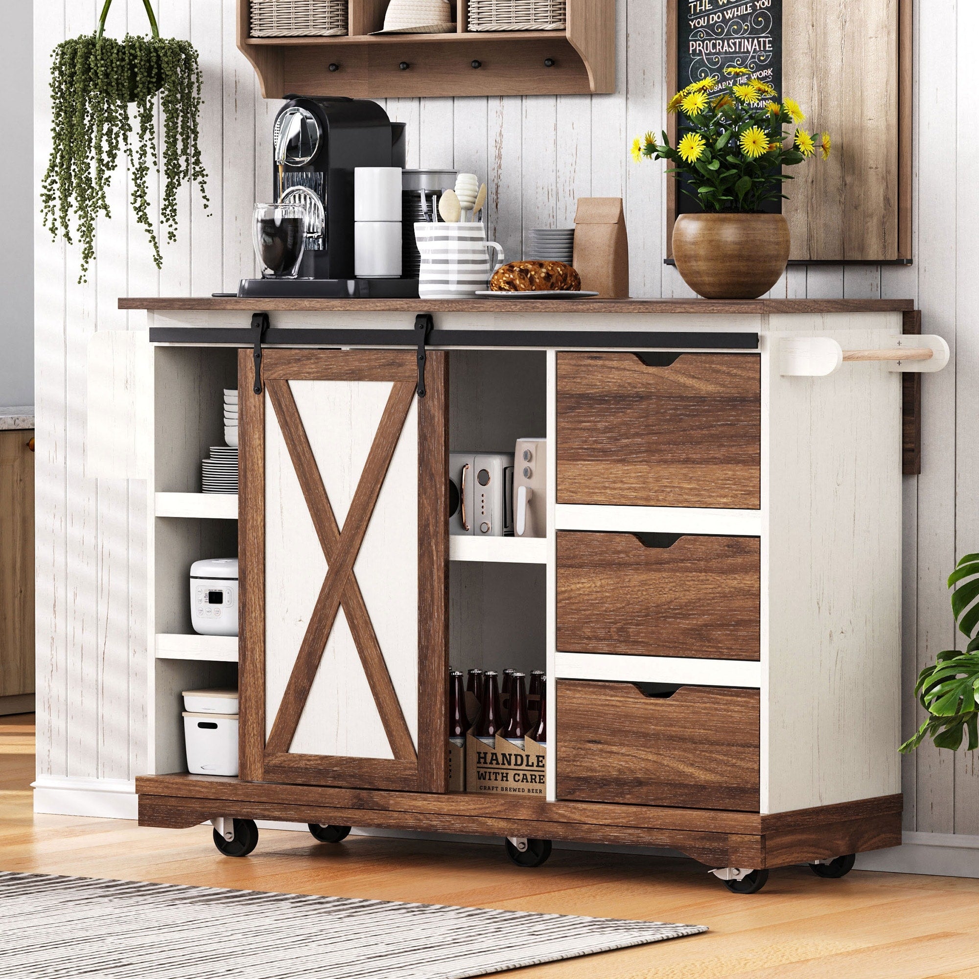 Farmhouse Kitchen Island With Drop Leaf Barn Door Power Outlet And Spice Rack
