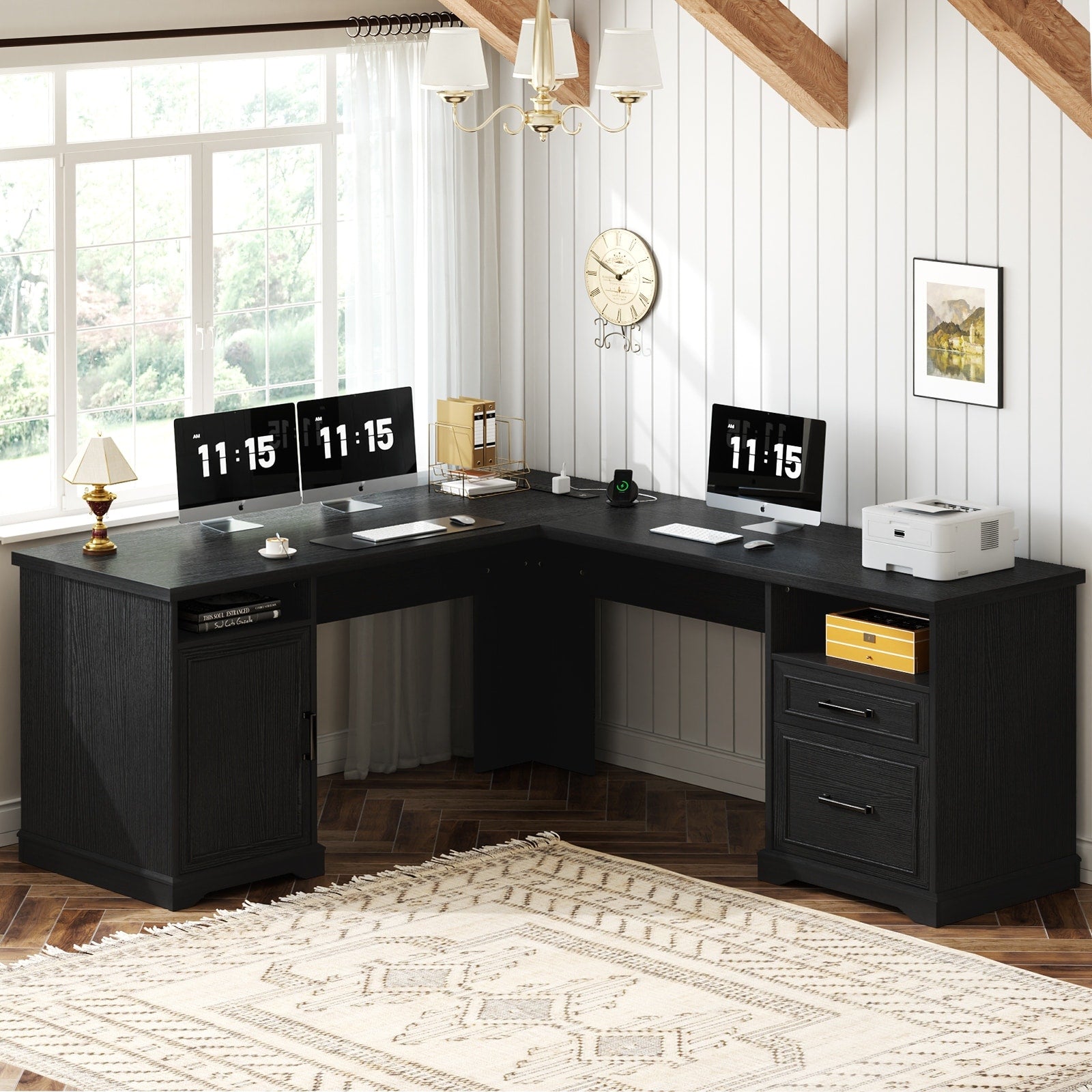 French Country L Shaped Desk With Charging Station Office Computer Table With File Cabinet