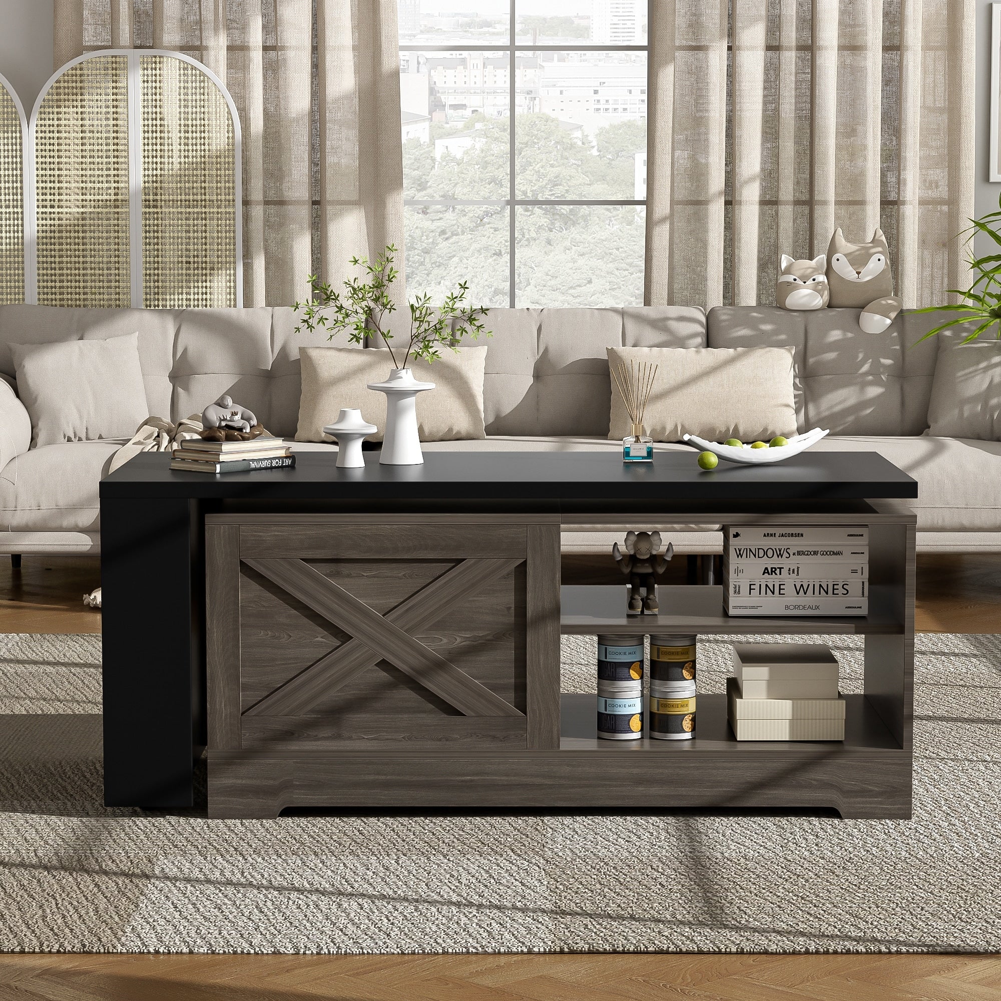 Farmhouse Lift Top Coffee Table With Barn Doors Center Table Cocktail Table Side Table With Cabinet