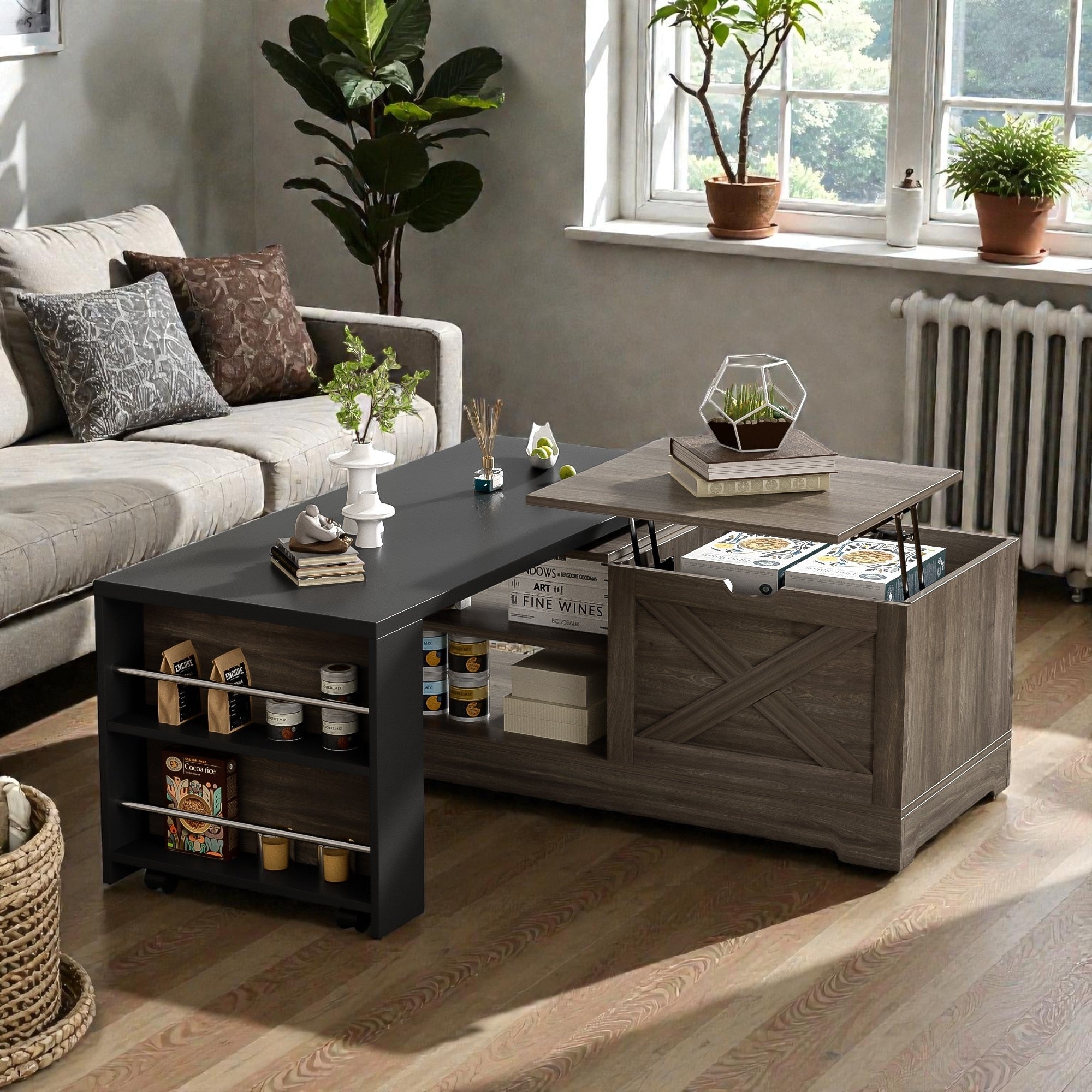 Farmhouse Lift Top Coffee Table With Barn Doors Rotating Wood Center Table With Hidden Storage And Open Shelves