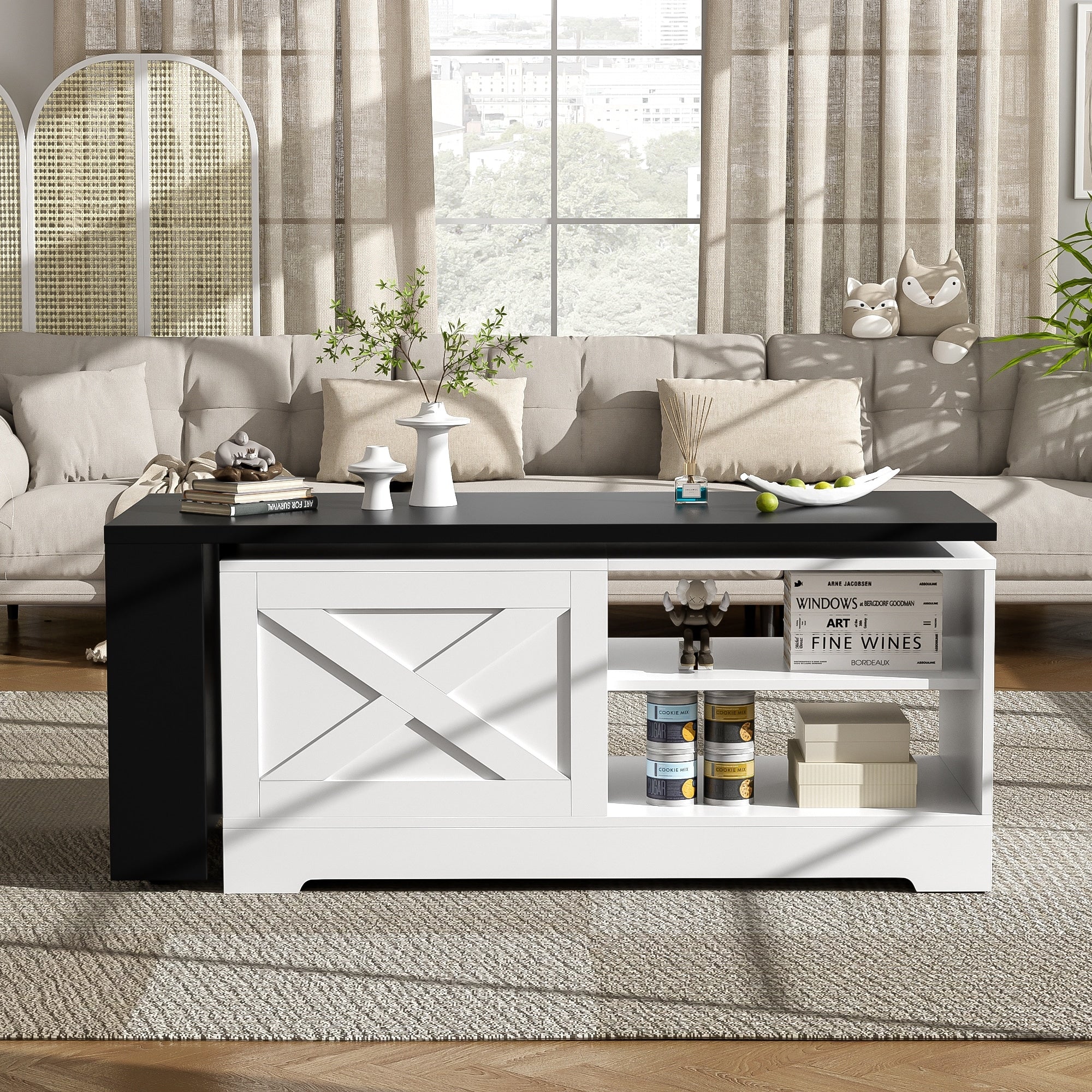 Farmhouse Lift Top Coffee Table With Barn Doors White Black Center Table Cocktail Table Side Table With Cabinet