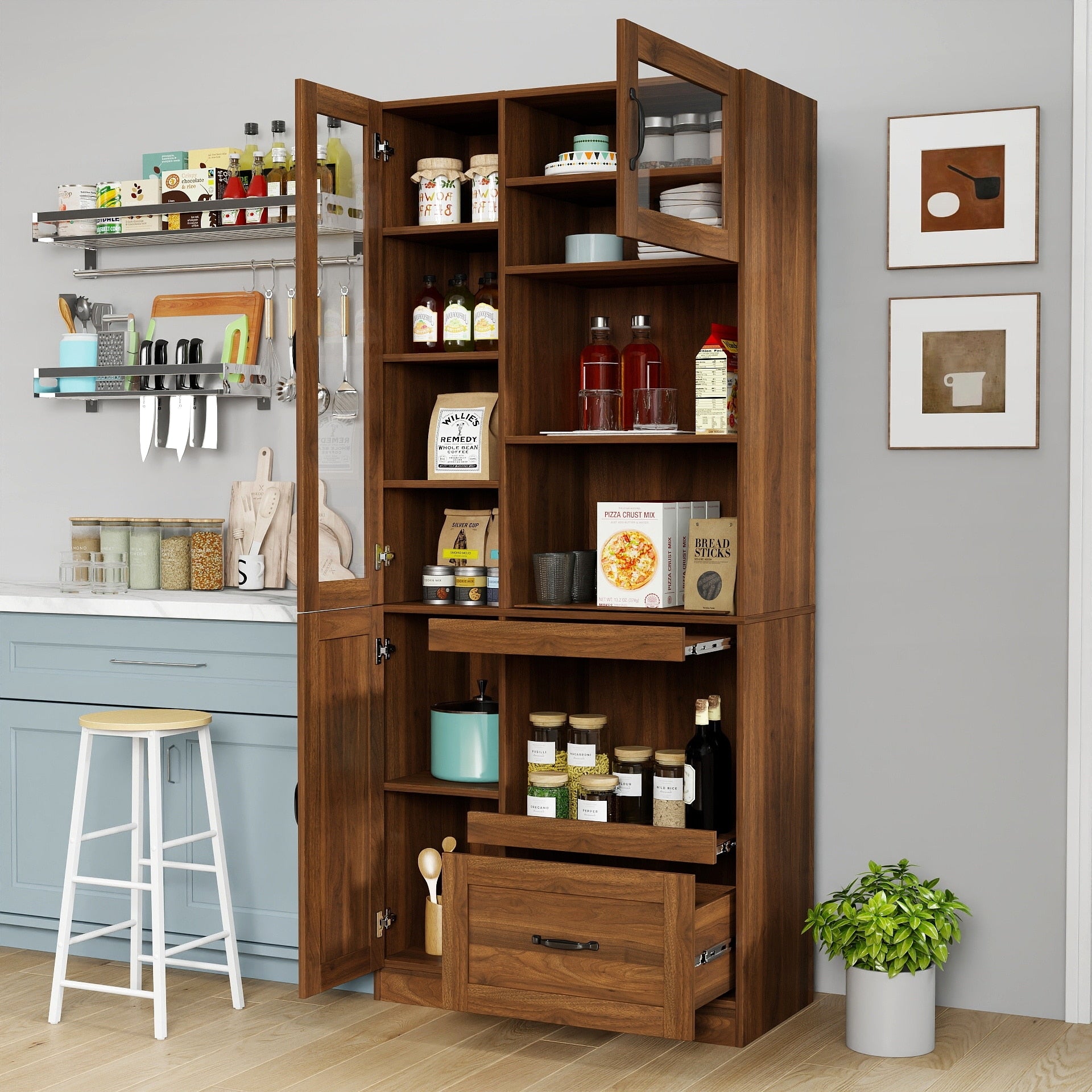 Farmhouse Mdf Kitchen Hutch Buffet With Microwave Stand Storage Shelves Drawers Coffee Bar Station By Gdfstudio