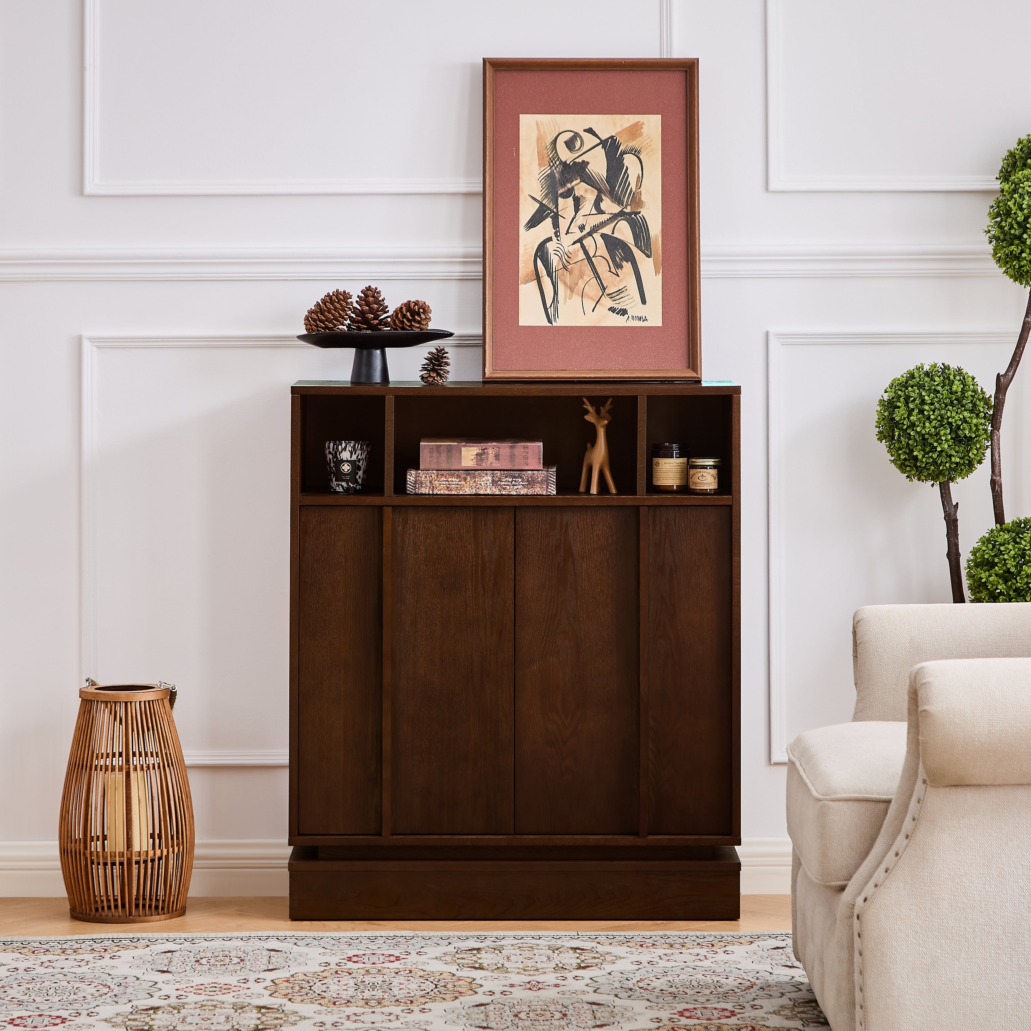 Farmhouse Mdf Sideboard Buffet Cabinet With Fluted Doors Adjustable Shelves Charging Outlet Walnut By Gdfstudio
