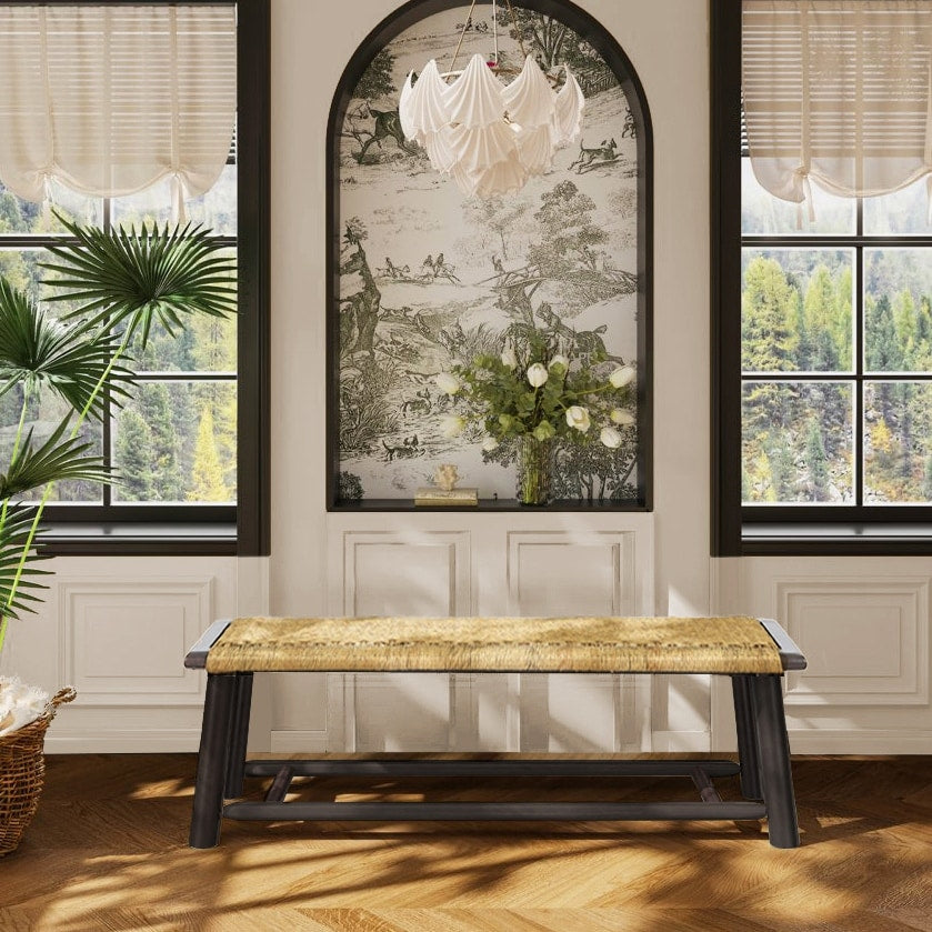 Farmhouse Modern Solid Wood Indoor Covered Outdoor Rattan Bench