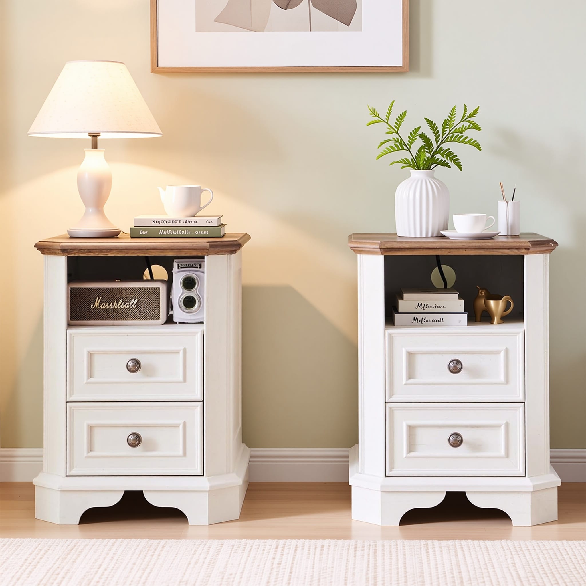 Farmhouse Nightstand Set Of 2 With Charging Station Beside Table