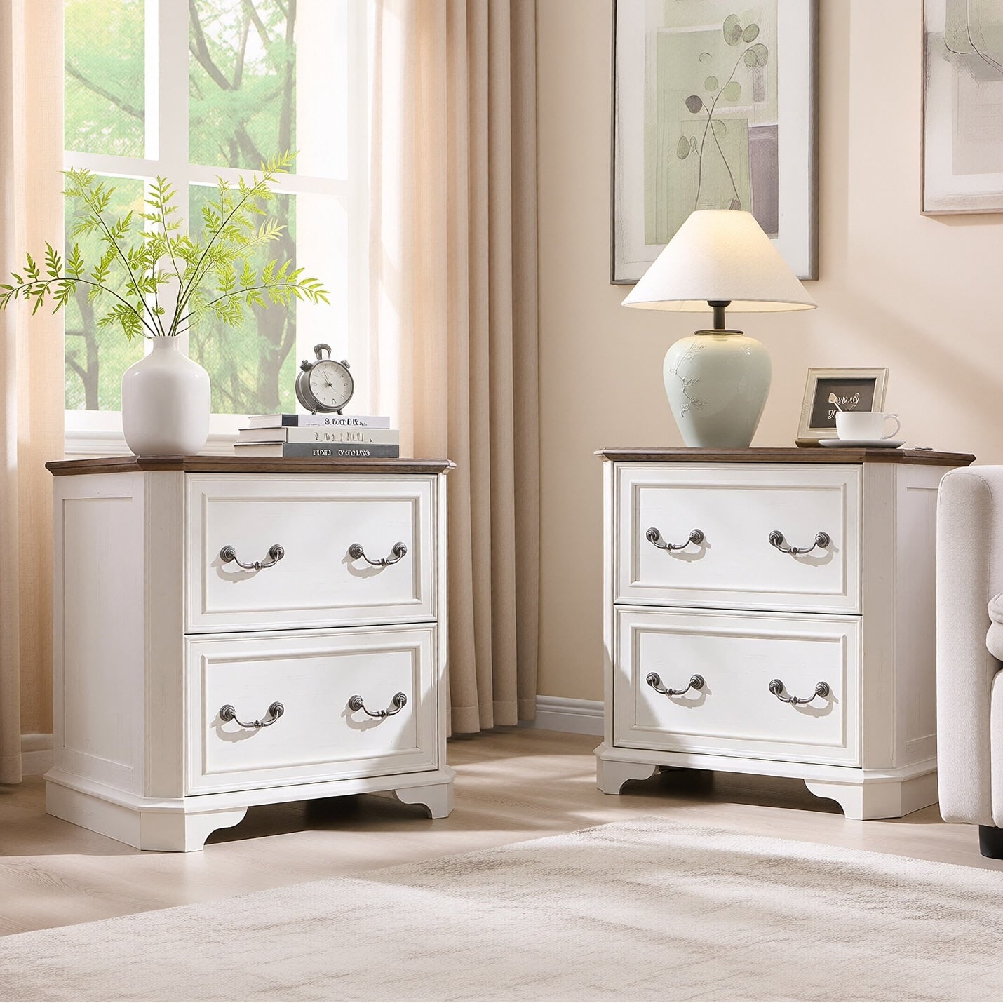 Farmhouse Nightstand Set Of 2 End Table With 2 Drawers For Bedroom